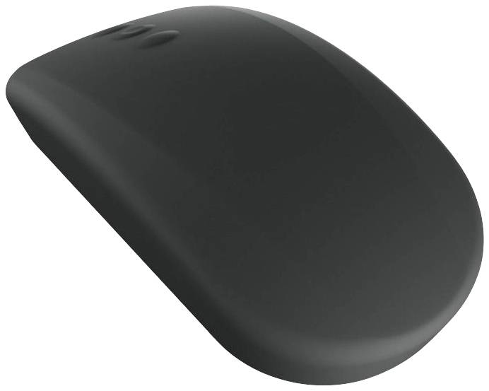 Černá bezdrátová počítačová myš s hladkým povrchem, ergonomicky tvarovaná.