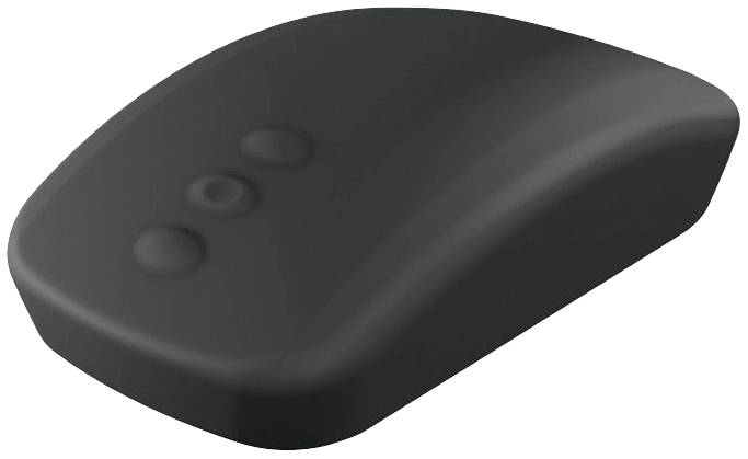 Bezdrátová černá počítačová myš se třemi tlačítky na horní straně. Moderní, ergonomický design vhodný pro laptopy a počítače.