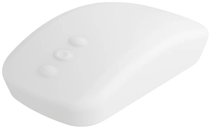 Bílá počítačová myš se třemi kulatými tlačítky nahoře, s prostým, minimalistickým designem.