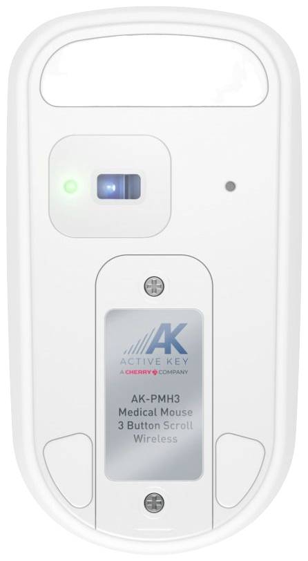 Pohled zezadu na bílou bezdrátovou myš s přihrádkou na baterii a označením "Active Key Medical Mouse AK-PMH3". Kontrolka svítí zeleně.