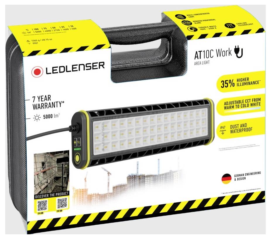 'Ledlenser AT10C Work' pracovní svítilna v kufříku, 5000 lm, 7 let záruky, o 35% vyšší svítivost, prachotěsná a vodotěsná, nastavitelná teplota světla od teplé po studenou.