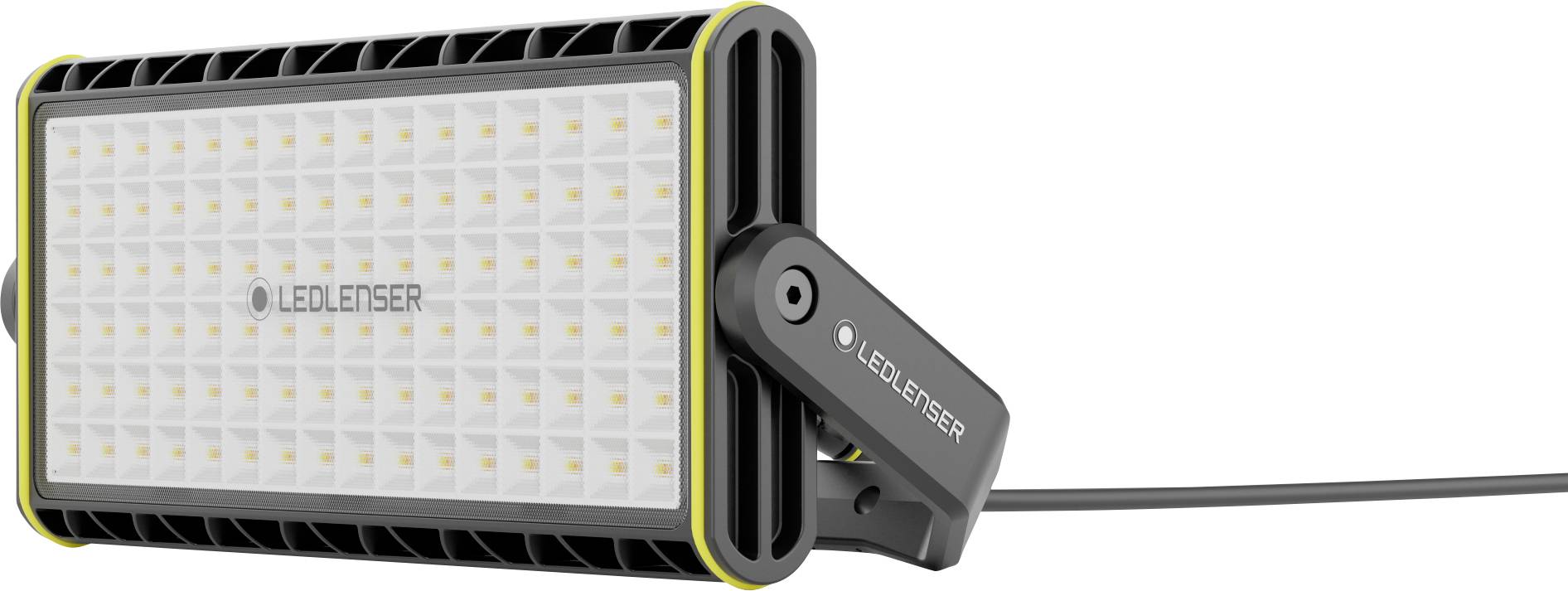 Obdélníkové LED světlo s mnoha malými LED diodami, označené nápisem 'LEDLENSER', upevněné na nastavitelném stativovém rameni.