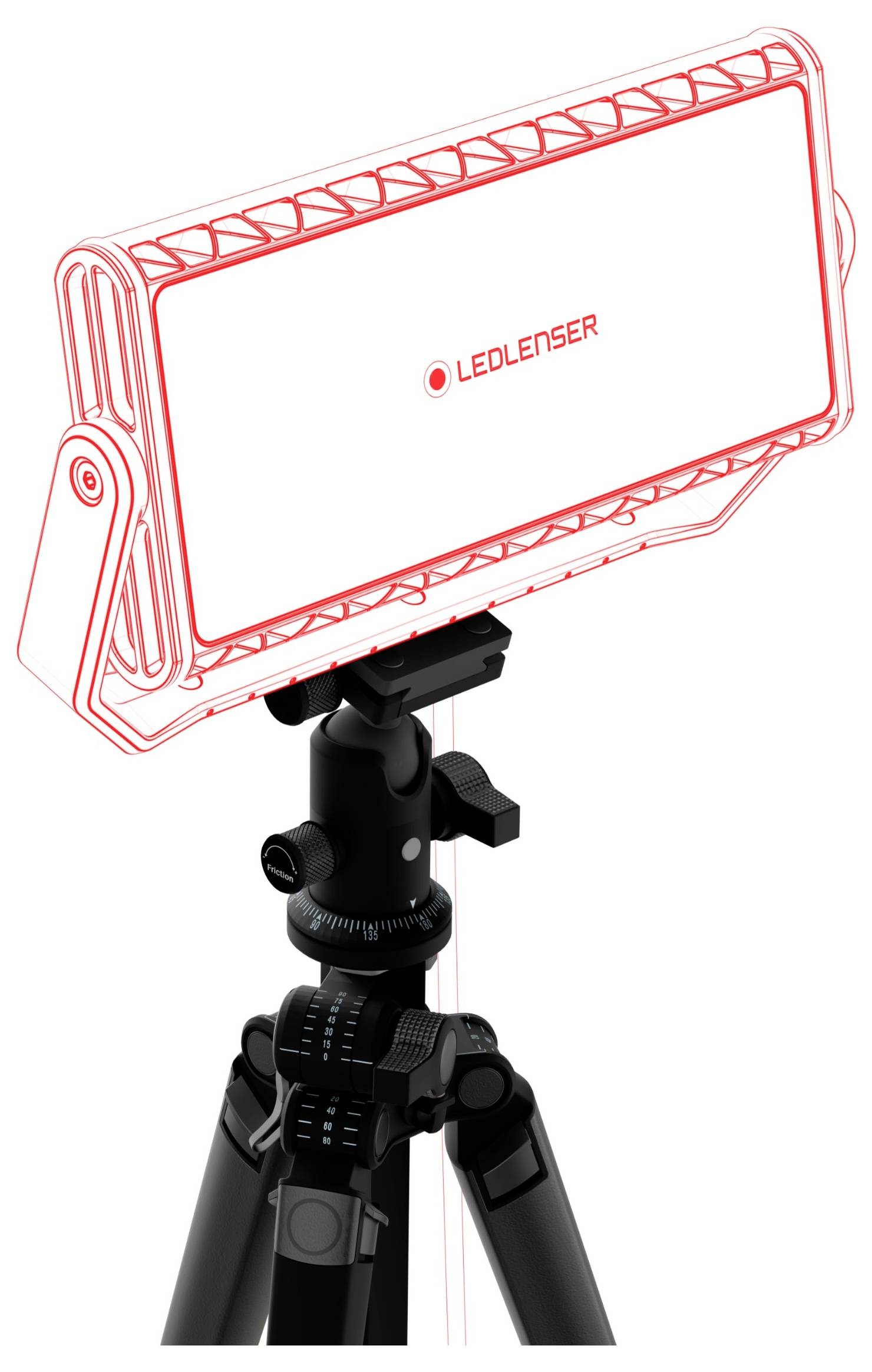Přenosná LED lampa značky 'Ledlenser' upevněná na stativu; ideální pro fotografování nebo videoprodukci.