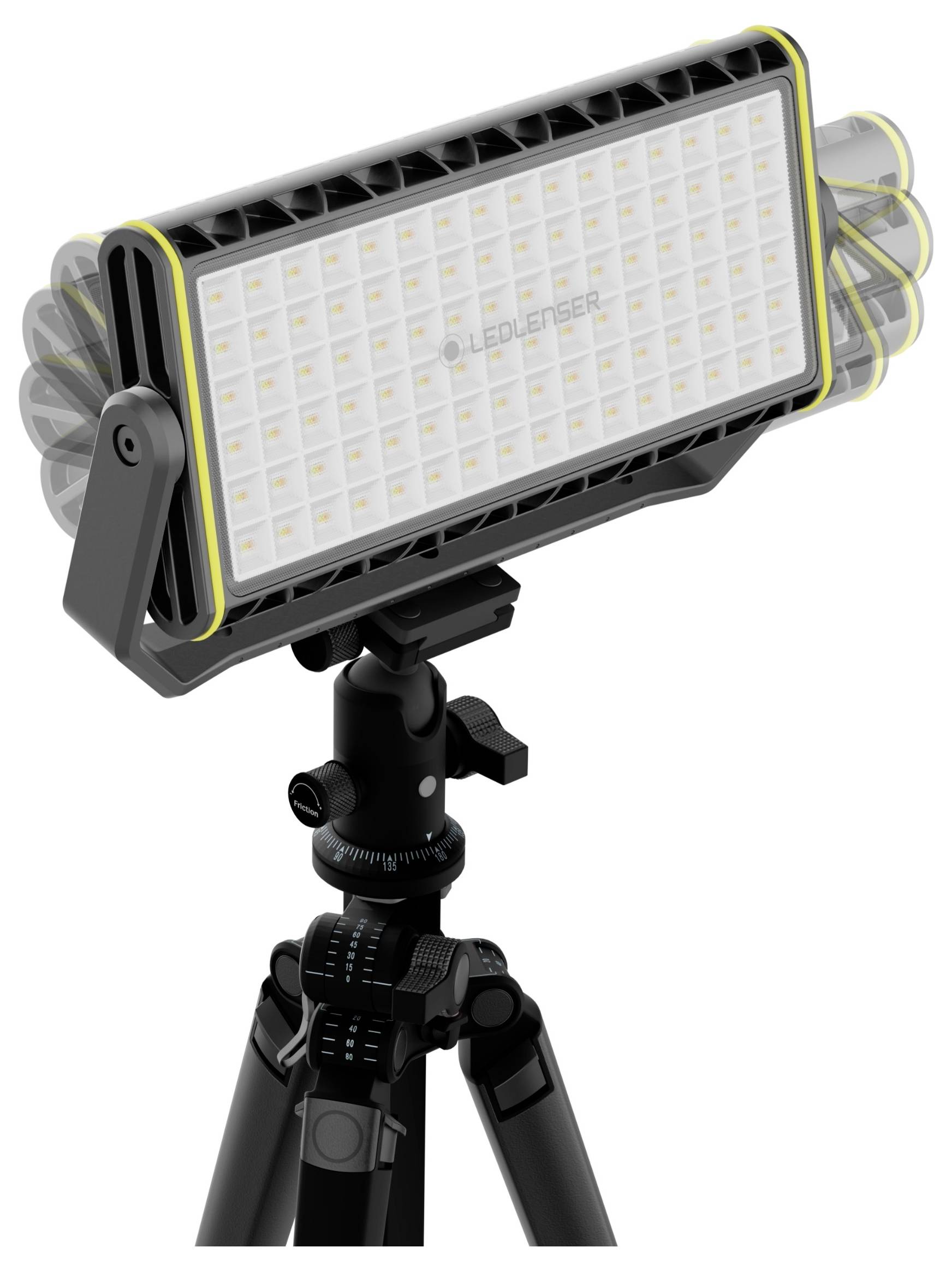 Přenosná LED lampa na stativu s ergonomickým designem pro rovnoměrné rozložení světla, vhodná pro fotografování nebo natáčení videí.