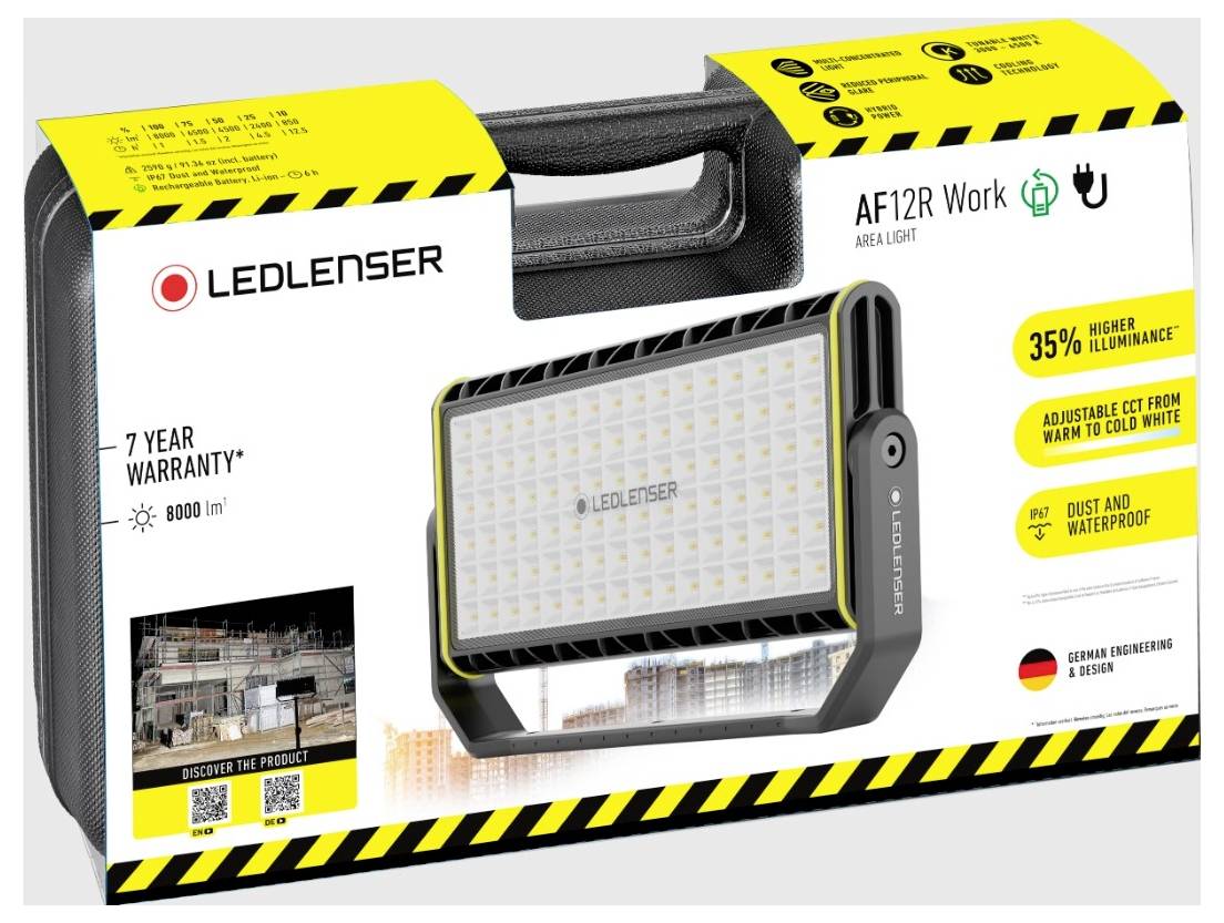 LED svítilna Ledlenser zobrazená na obalu. Popisuje funkce jako vyšší svítivost a nastavení barevné teploty.