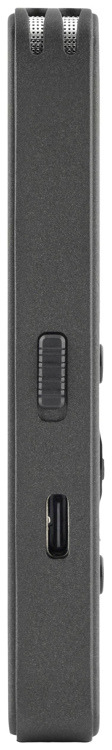 Černé, obdélníkové elektronické zařízení, pohled z boku. Je viditelný přepínač a USB port.