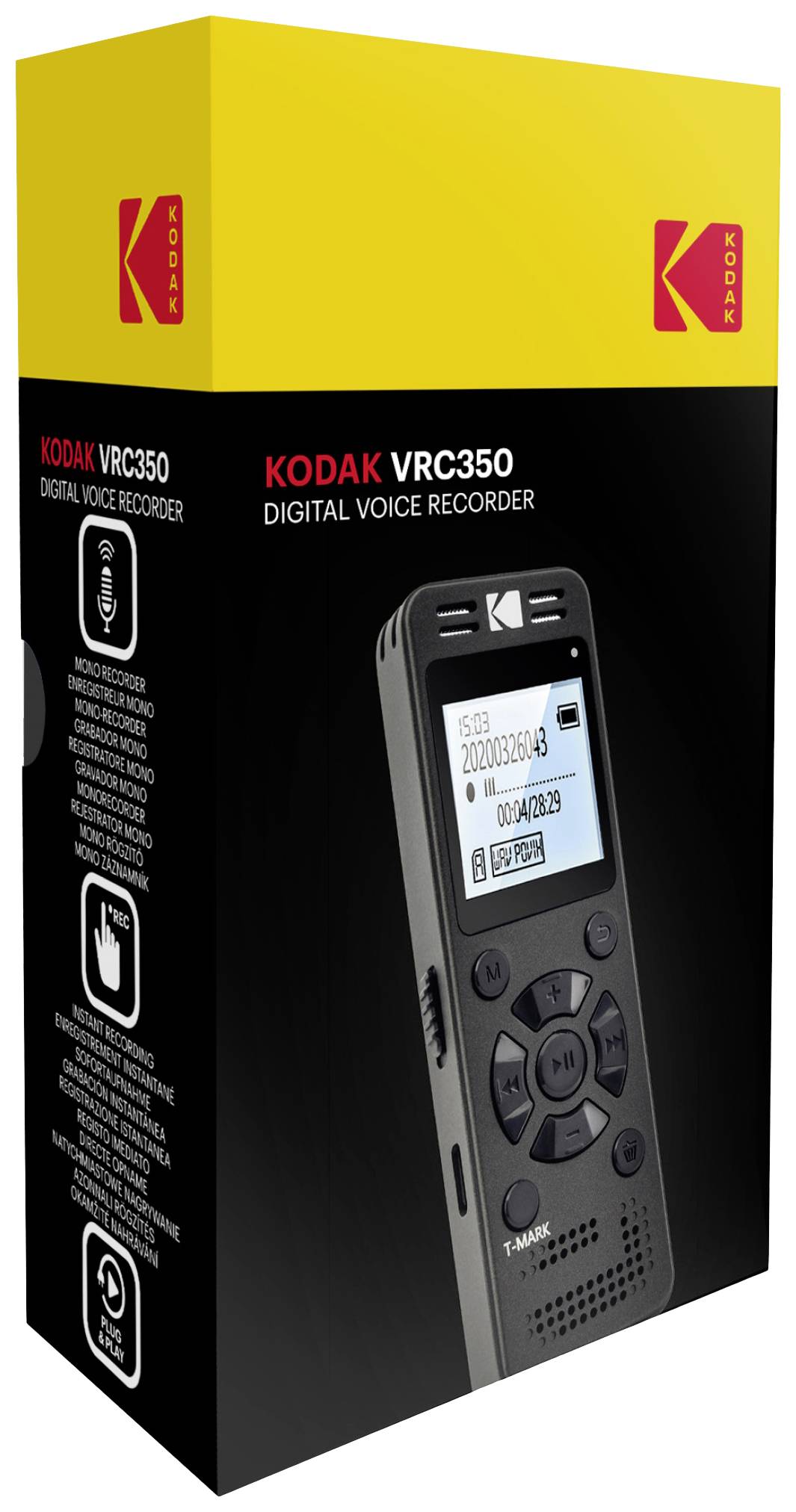 Černý obal se žlutým horním okrajem zobrazuje digitální hlasový rekordér modelu 'KODAK VRC350'.