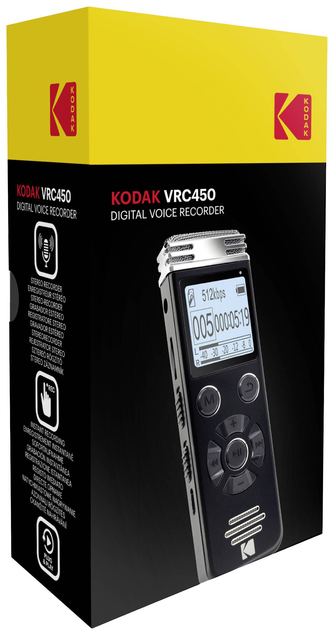 Žlutý a černý obal digitálního hlasového rekordéru, model Kodak VRC450, s obrázkem zařízení a technickými parametry.