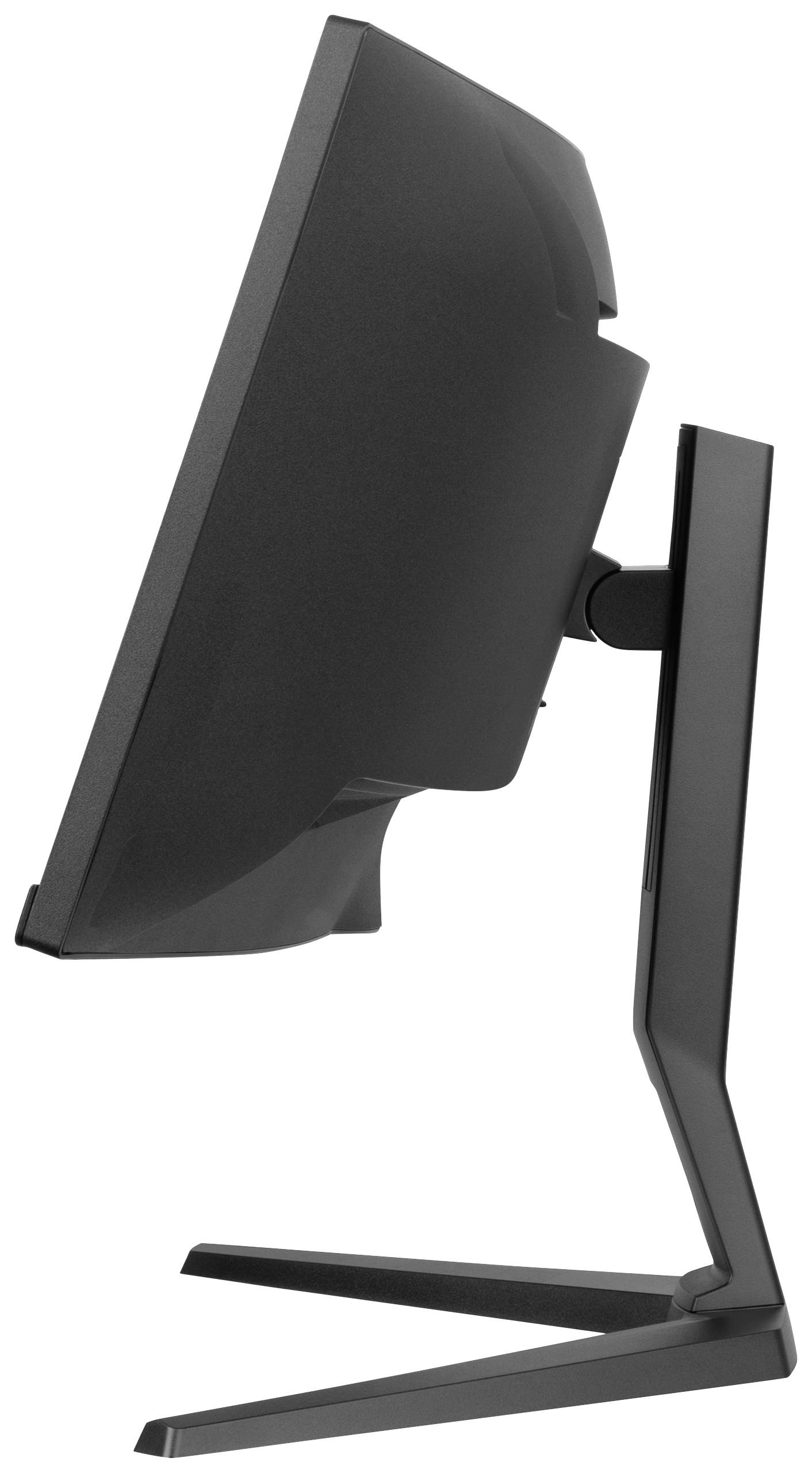 Boční pohled na černý moderní počítačový monitor s elegantním, ostroúhlým designem a stabilní podstavou.