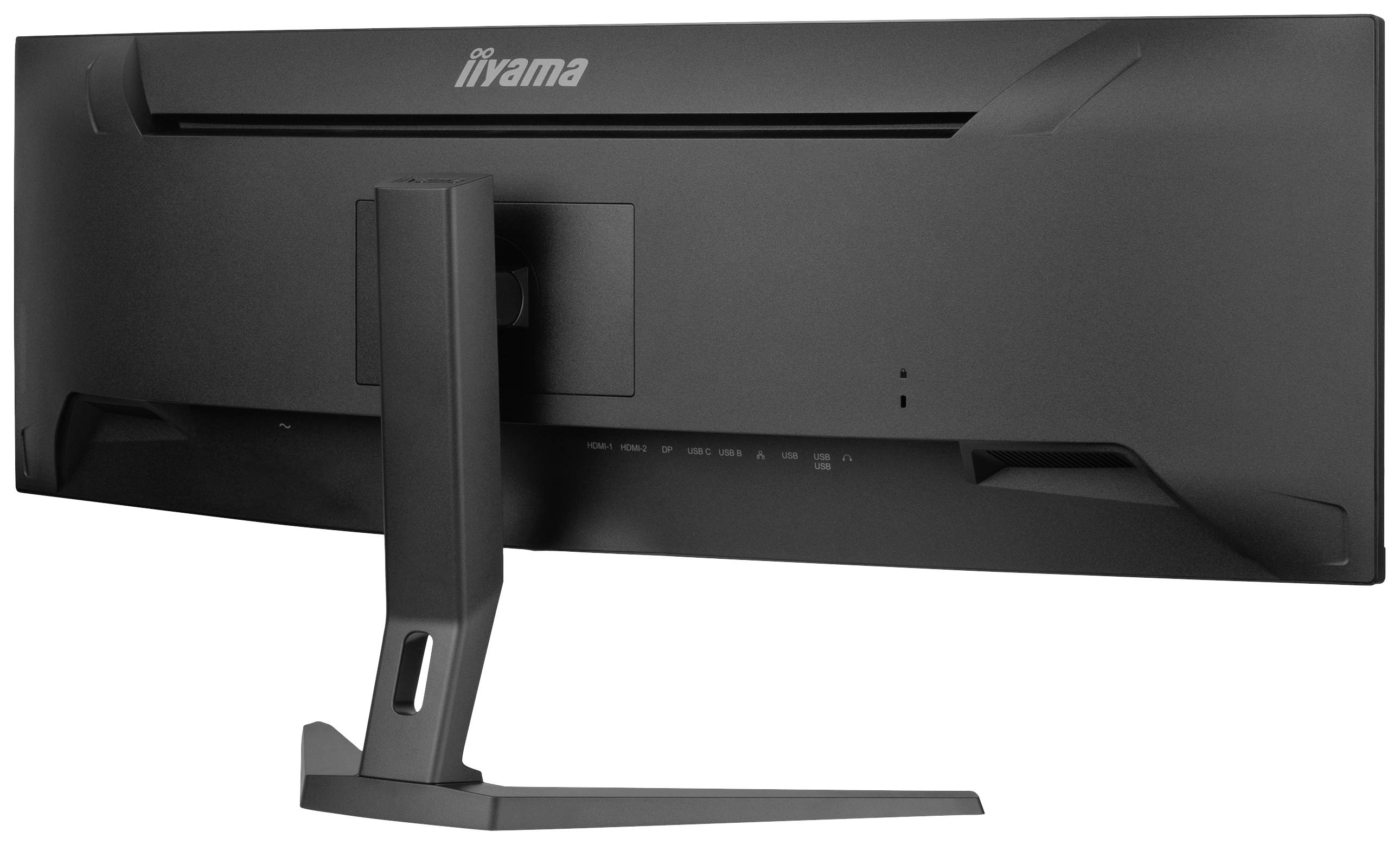 Velký černý počítačový monitor zezadu. Stojan je mírně nakloněn a logo je viditelné nahoře na zadní straně.