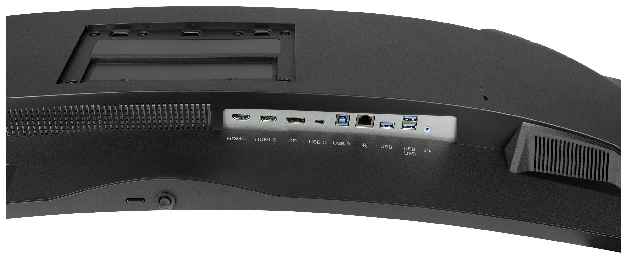 Zadní strana monitoru s konektory: HDMI, DisplayPort, Ethernet, USB-C a USB-A porty. Možnosti připojení periferních zařízení.