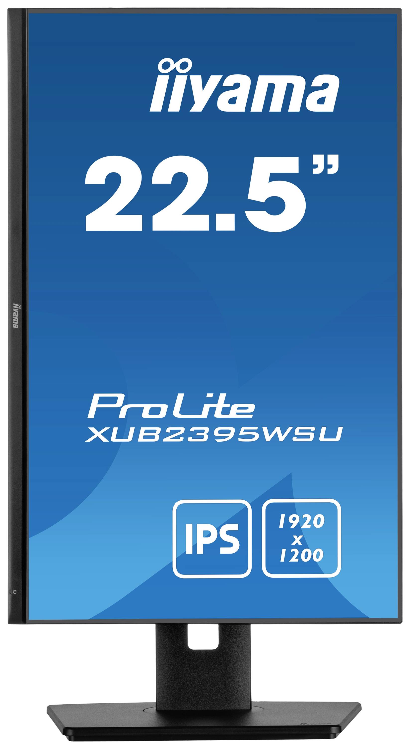 Vertikálně orientovaný monitor zobrazuje modrou obrazovku s textem '22.5"', 'ProLite XUB2395WSU', 'IPS' a '1920x1200'.