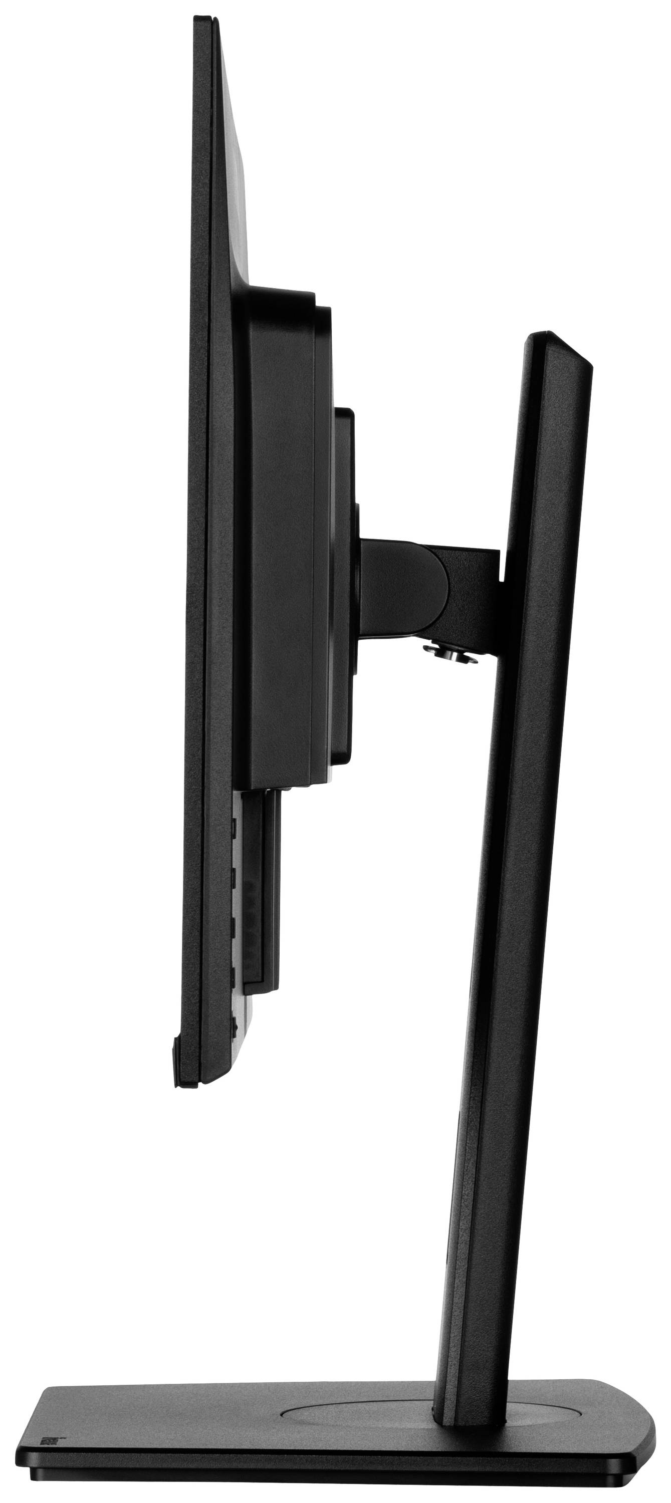 Boční pohled na černý počítačový monitor umístěný na úzkém stojanu, který zdůrazňuje štíhlý a moderní design.