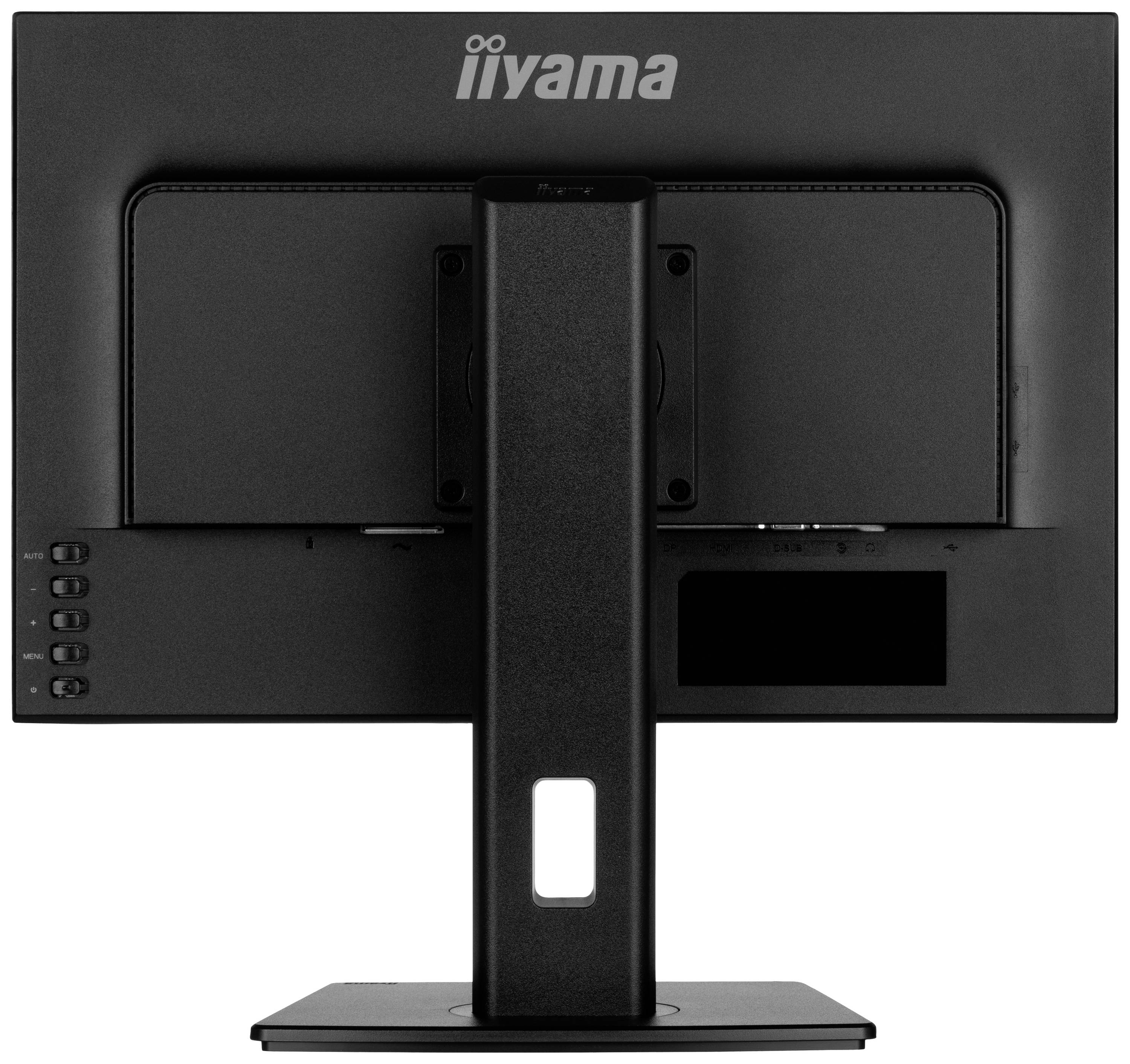 Černý počítačový monitor zezadu, s pevnou základnou. Název značky 'iiyama' je viditelný v horní části zadní strany.