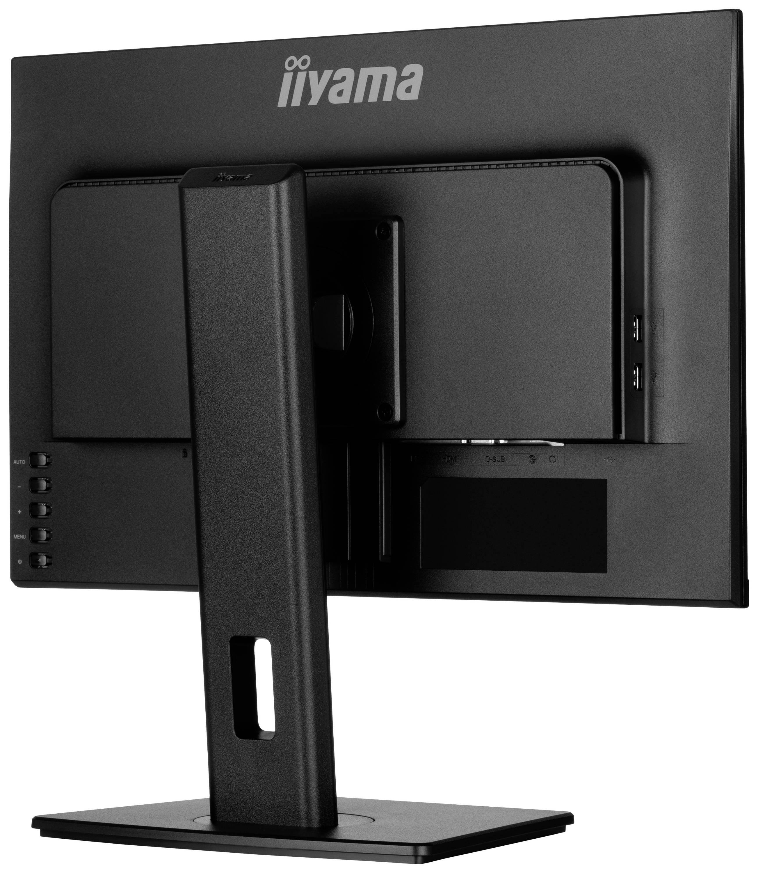 Pohled zezadu na černou obrazovku počítačového monitoru umístěnou na stojanu s logem značky 'iiyama' v horní části.