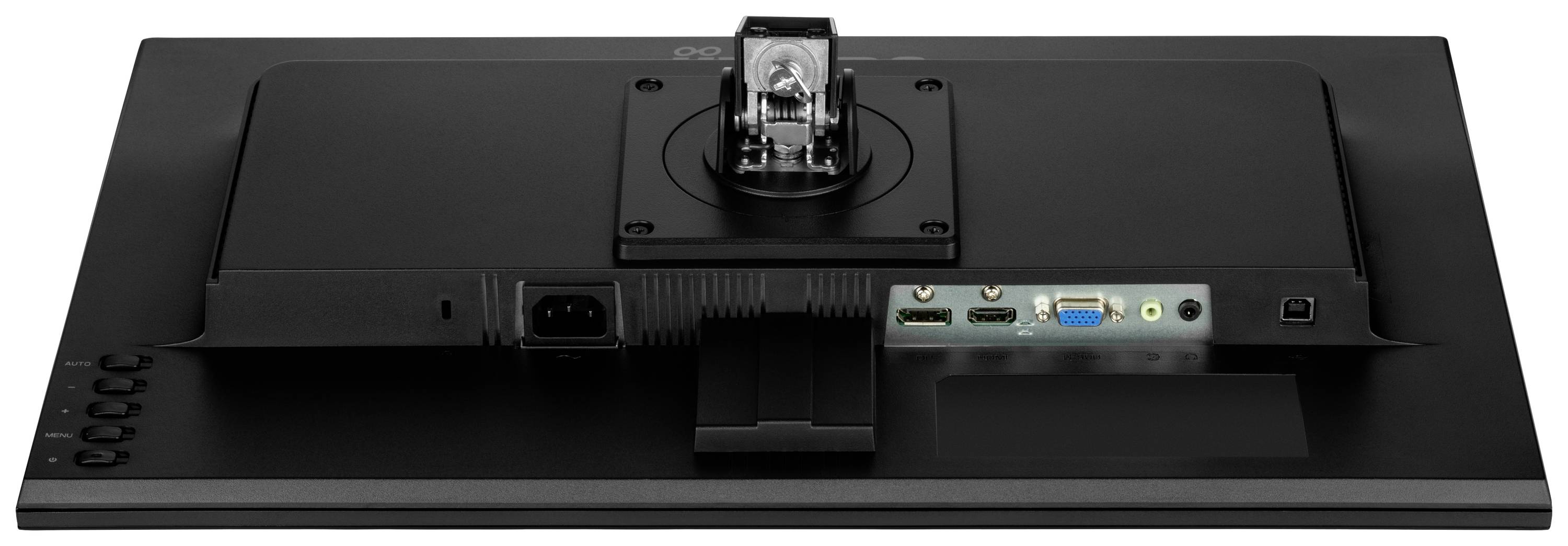 Zadní strana monitoru s různými konektory, včetně HDMI, VGA a Audio. Viditelný je napájecí konektor a ovládací tlačítka.