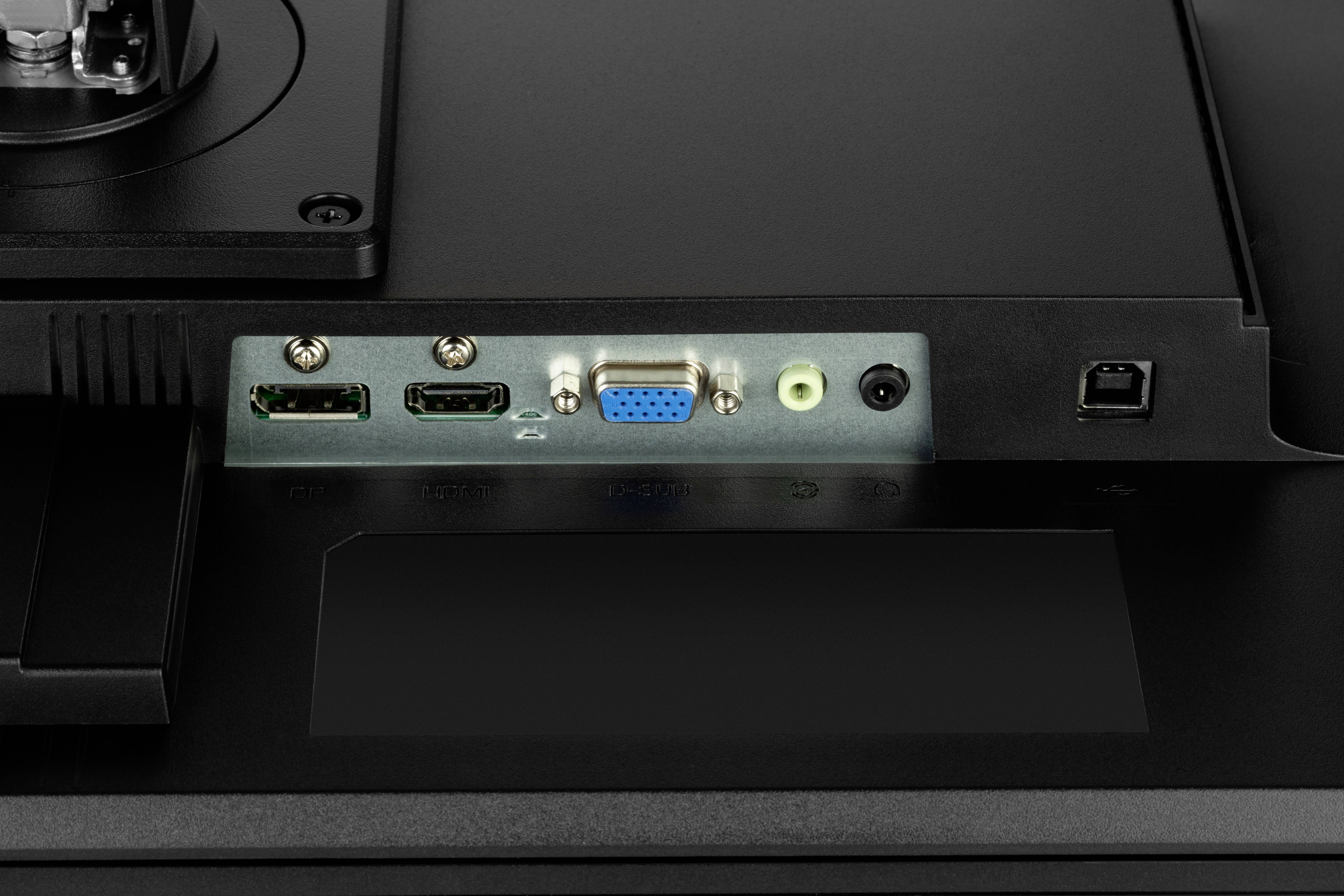 Zadní strana monitoru s různými konektory: dva HDMI vstupy, jeden VGA konektor, jeden audio výstup a napájecí konektor.