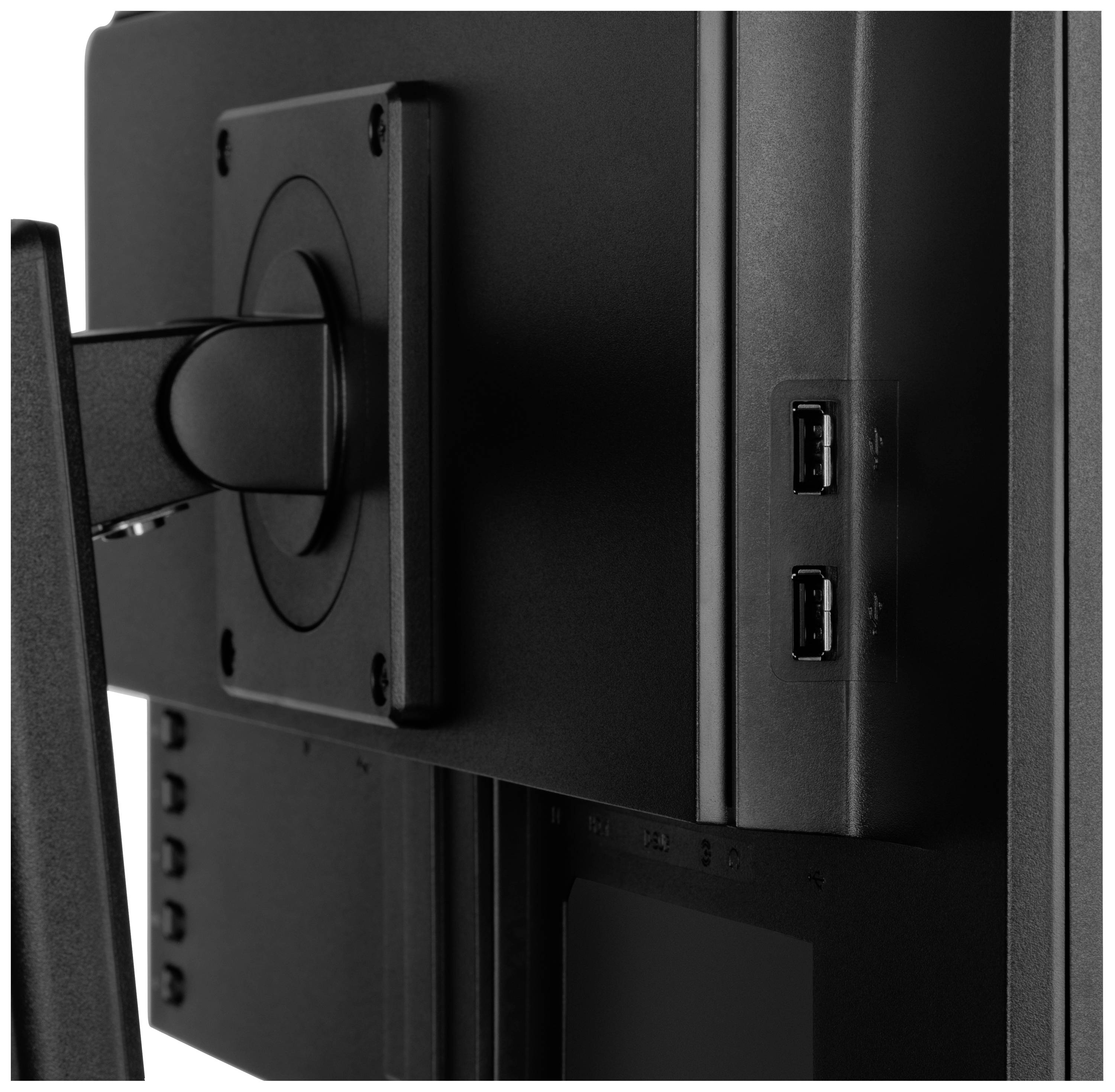 Zadní strana monitoru s nástěnným držákem a dvěma USB porty vpravo odhaluje upevňovací mechanismus.