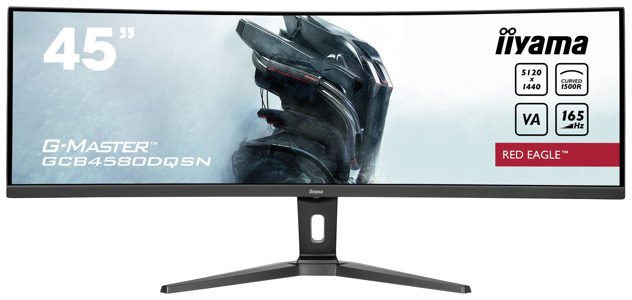 Široký monitor iiyama s nápisem '45 palců', 'G-Master', rozlišením 5120x1440, VA panelem, 165 Hz, série Red Eagle.