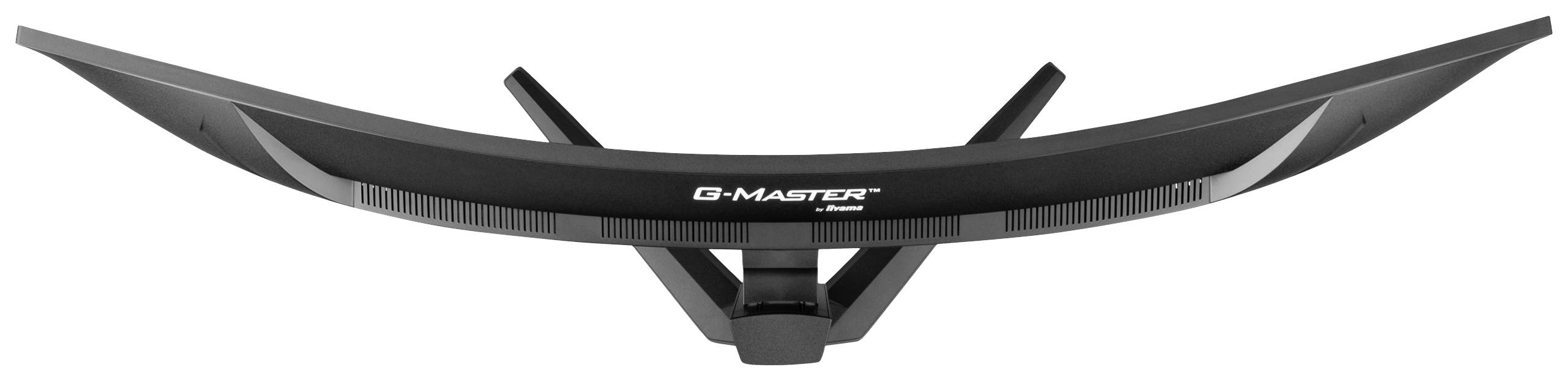 Zakřivený počítačový monitor pohledem zezadu s nápisem 'G-MASTER'. Design zdůrazňuje flexibilitu a moderní vzhled.