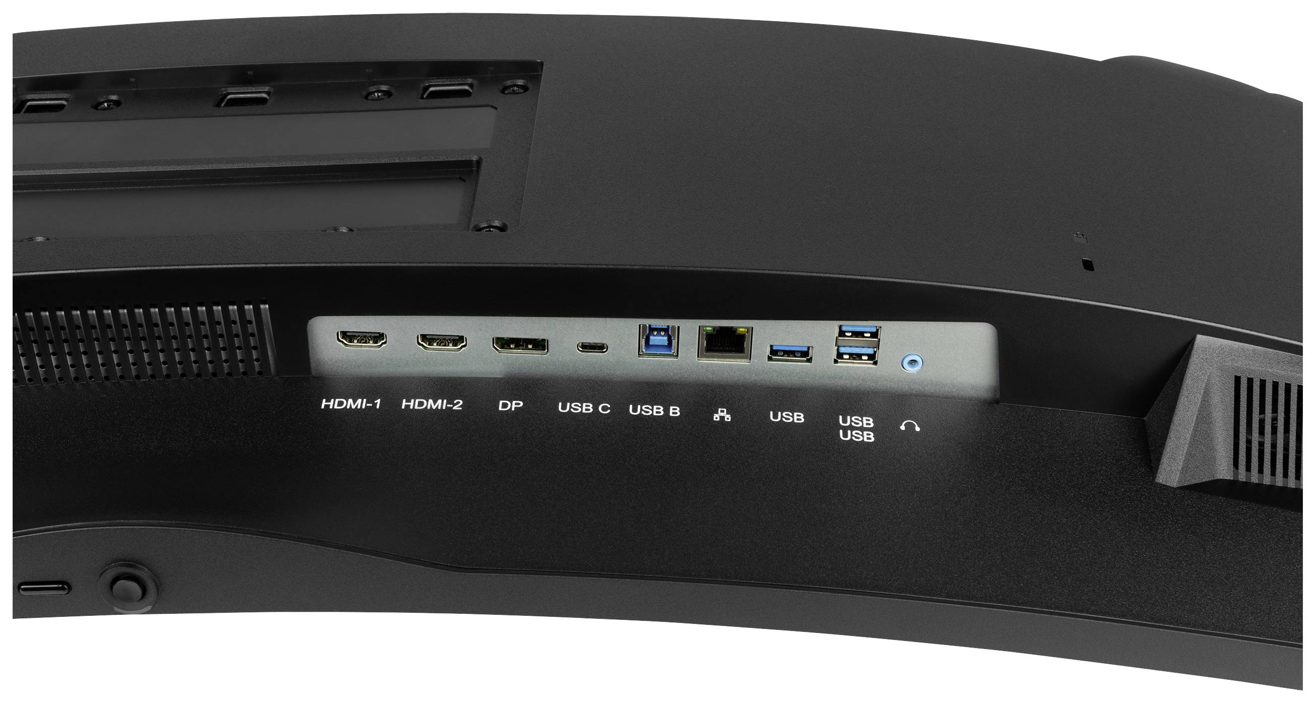 Zadní strana monitoru s několika konektory, včetně HDMI, DisplayPort, USB-C, USB-B, Ethernet a USB 3.0.