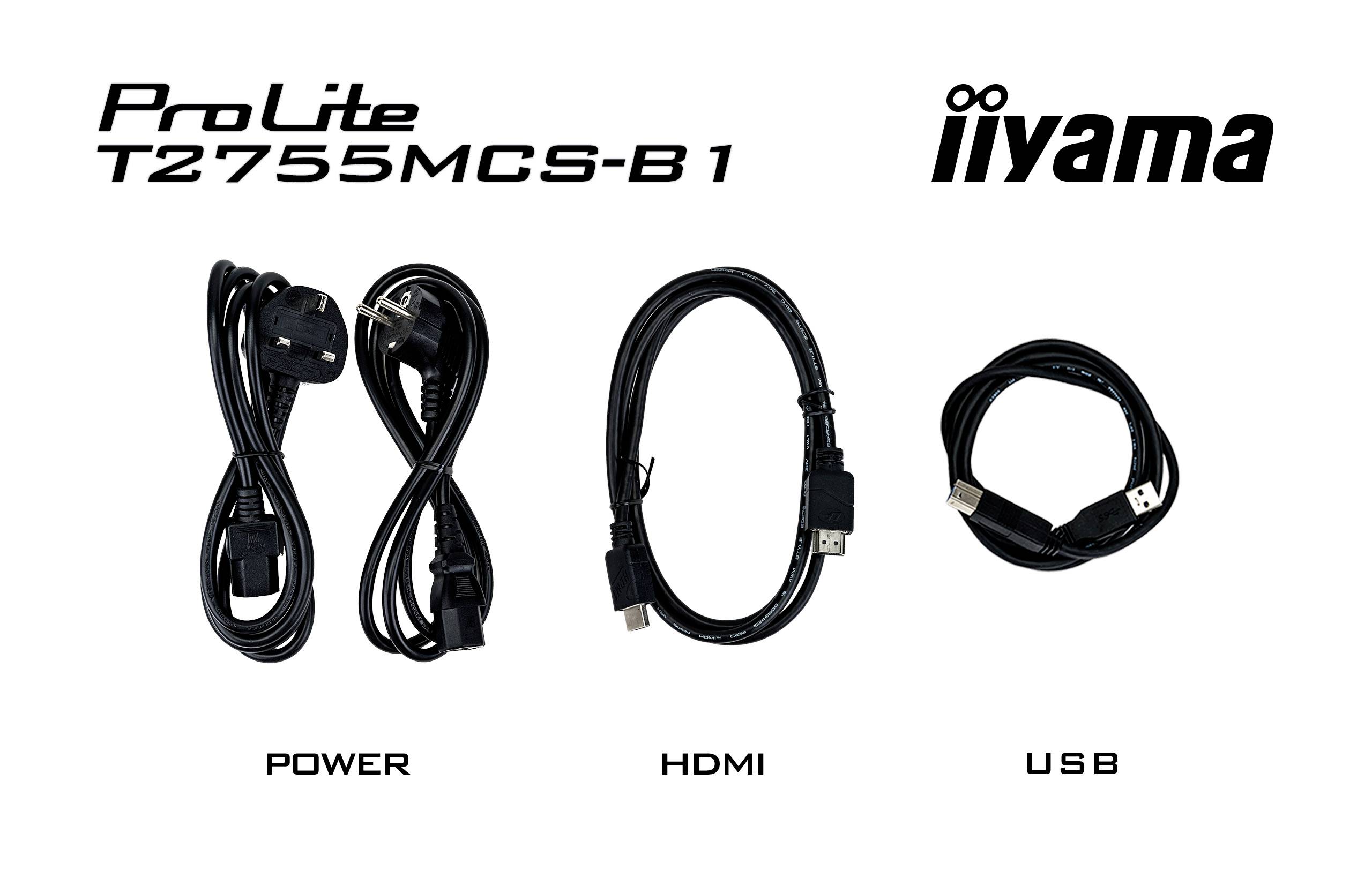 Zobrazení tří kabelů rozdělených na POWER, HDMI a USB pod názvem modelu ProLite T2755MCS-B1 od iiyama.