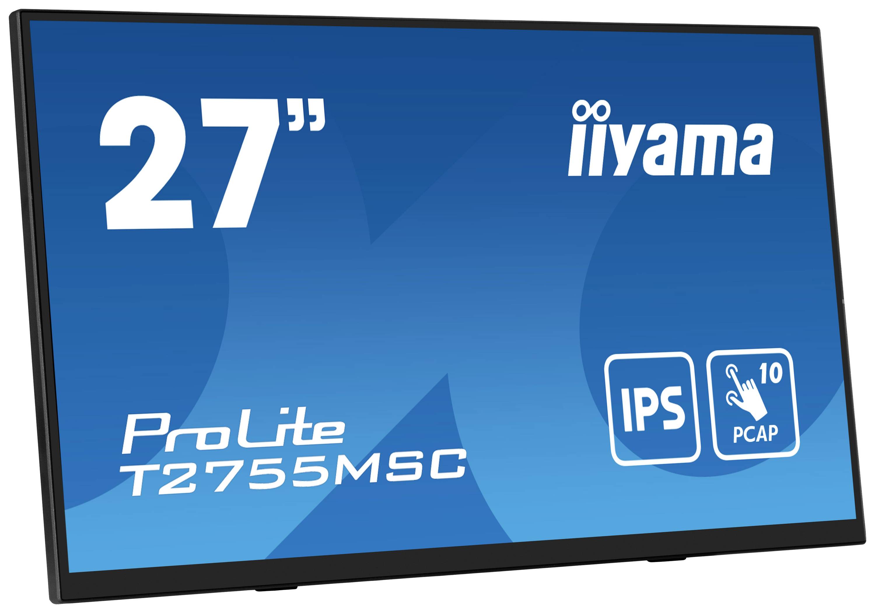 Monitor s modrou grafickou pozadím. Název značky, velikost obrazovky 27", číslo modelu 'ProLite T2755MSC'. Loga pro IPS a PCAP.