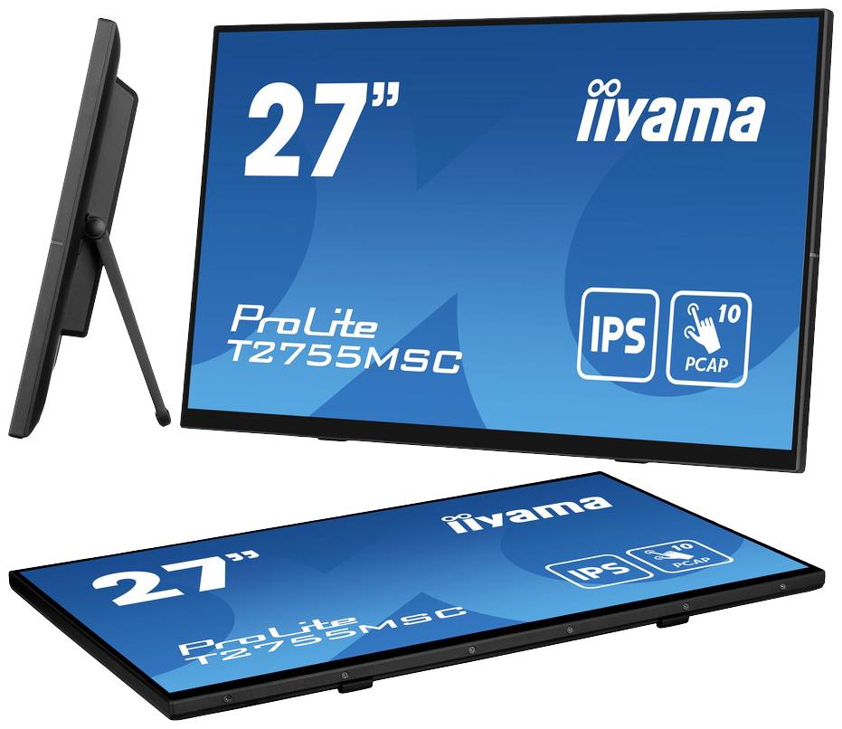 Dva monitory značky iiyama, model 'ProLite T2755MSC', oba o velikosti 27 palců, zobrazují modré rozhraní s IPS technologií a kapacitní dotykovou obrazovkou s podporou 10 dotyků.