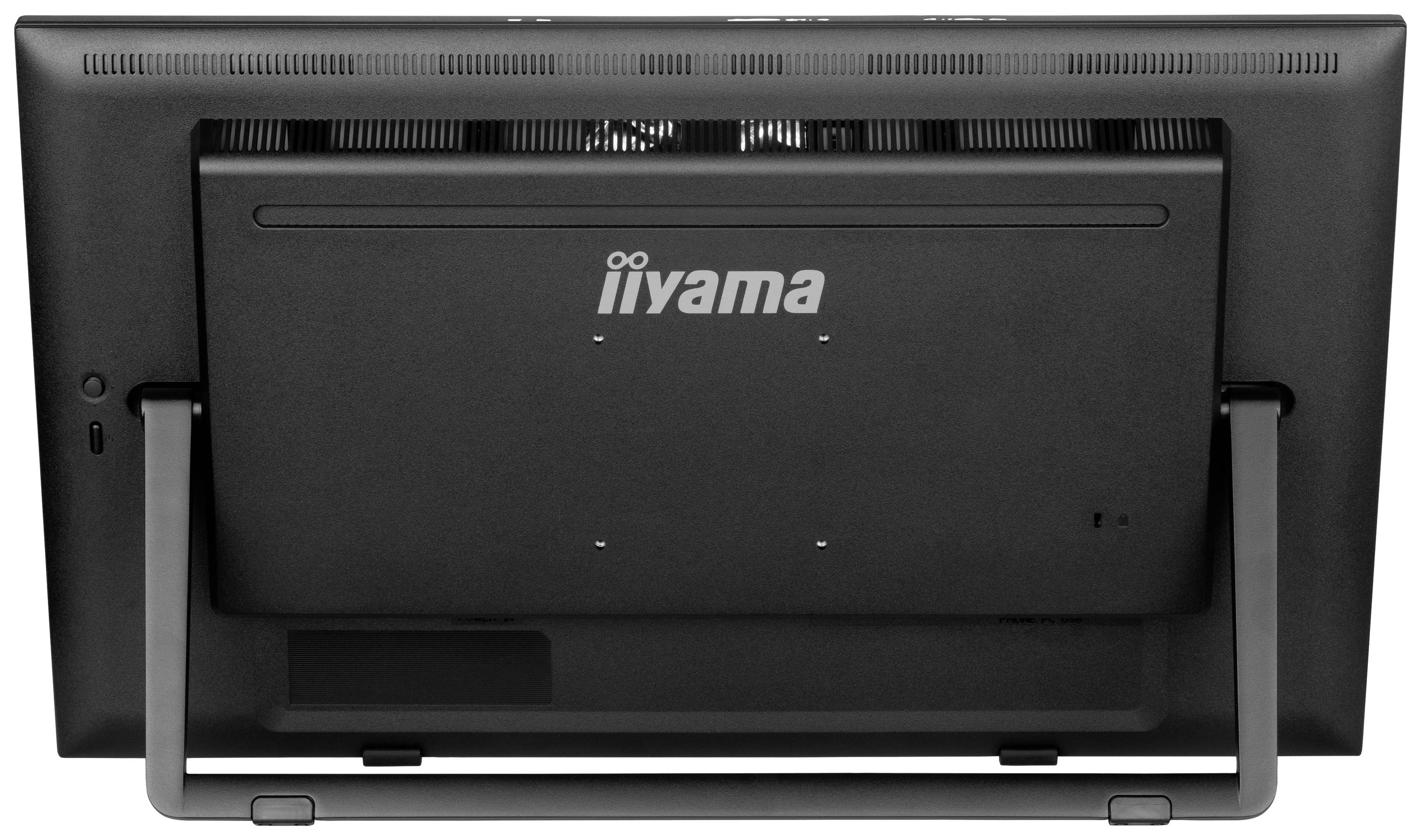 Zadní pohled na černý počítačový monitor značky Iiyama. Monitor je upevněn na stabilním kovovém stojanu.