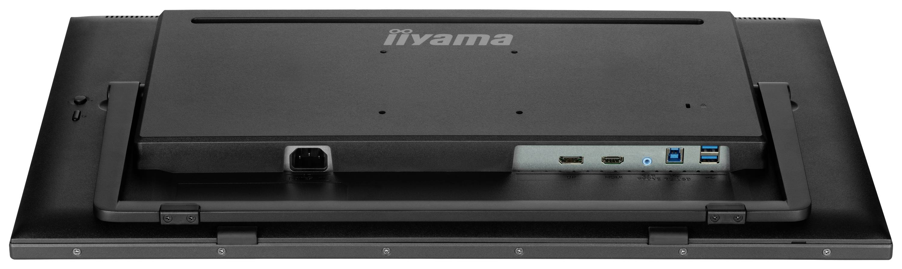 Zadní strana monitoru Iiyama s viditelnými porty, včetně HDMI, USB a Ethernetu.