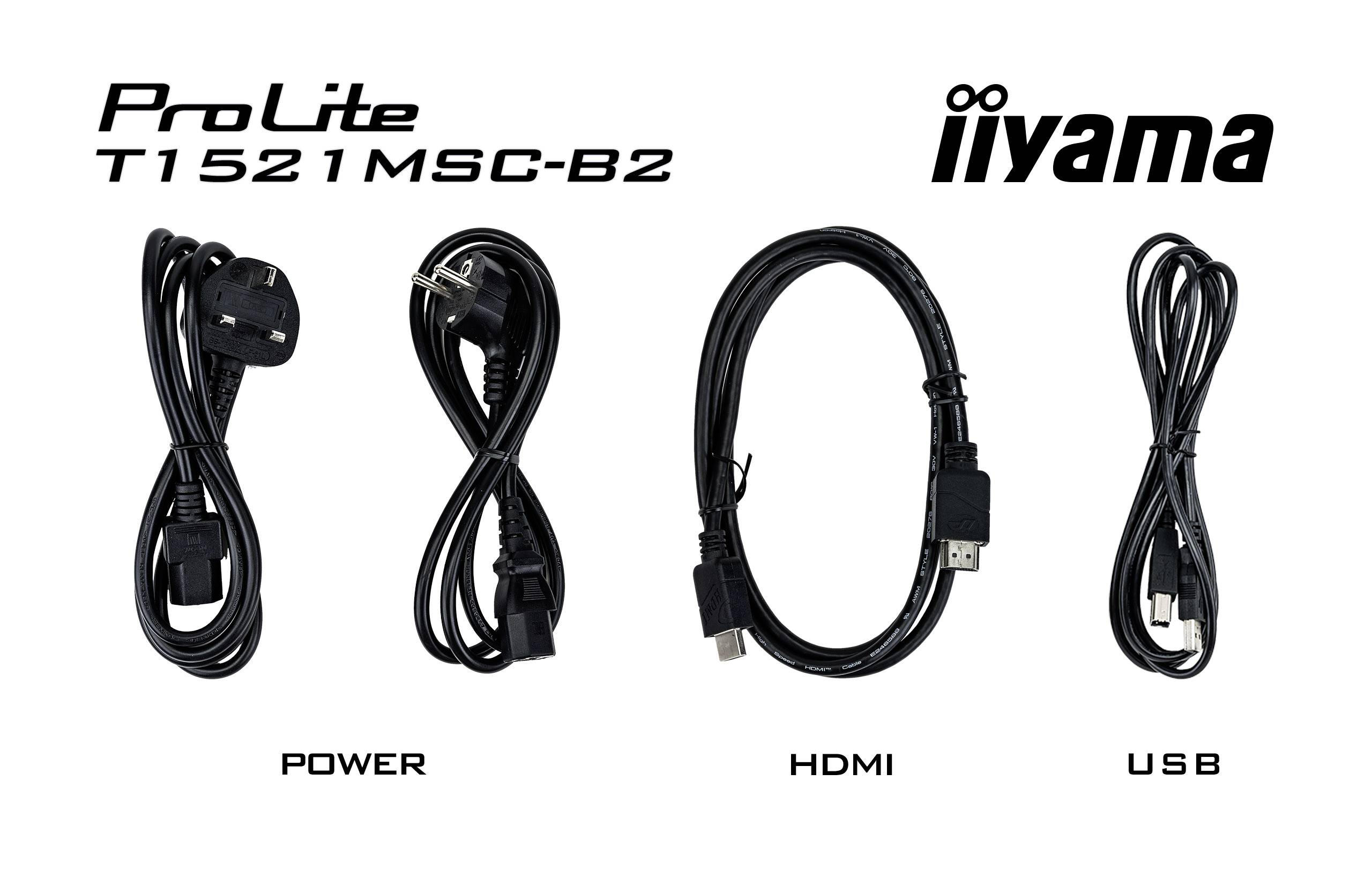 Sada kabelů 'ProLite T1521MSC-B2 iiyama' obsahující tři kabely: napájecí kabel, HDMI kabel a USB kabel, na bílém pozadí.