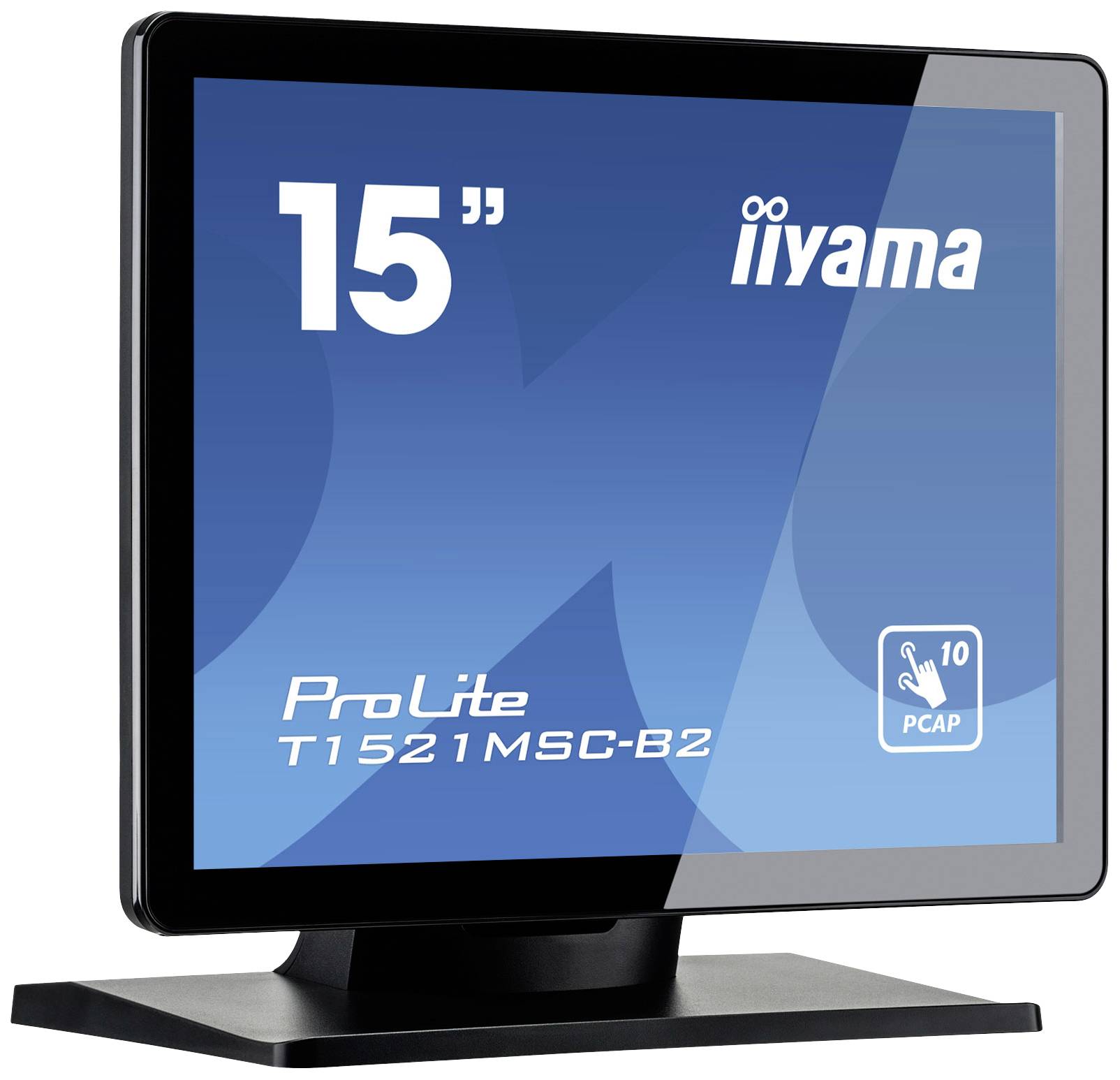 Monitor 'iiyama ProLite T1521MSC-B2', 15 palců, s technologií PCAP dotykového displeje. Černý rámeček, vhodný pro interaktivní aplikace.