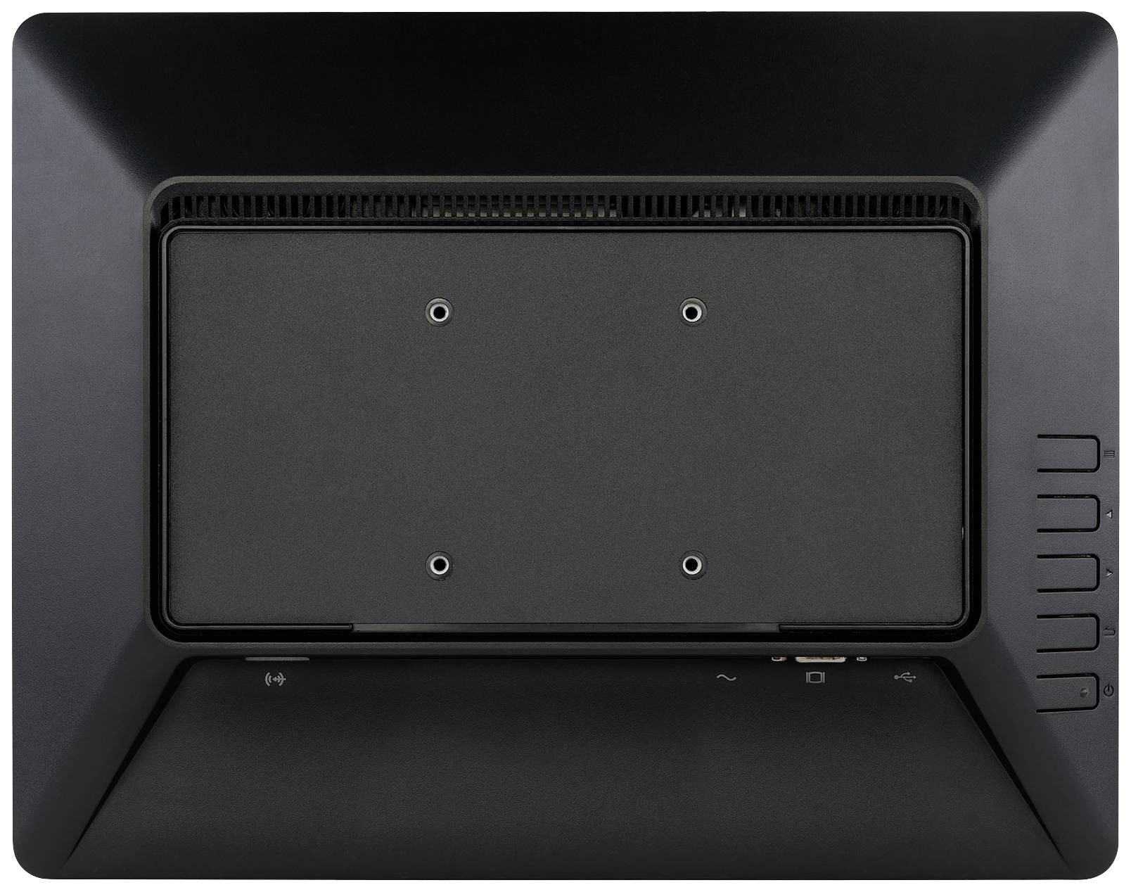 Zadní strana počítačového monitoru s několika konektory a upevňovacími body pro nástěnnou montáž.