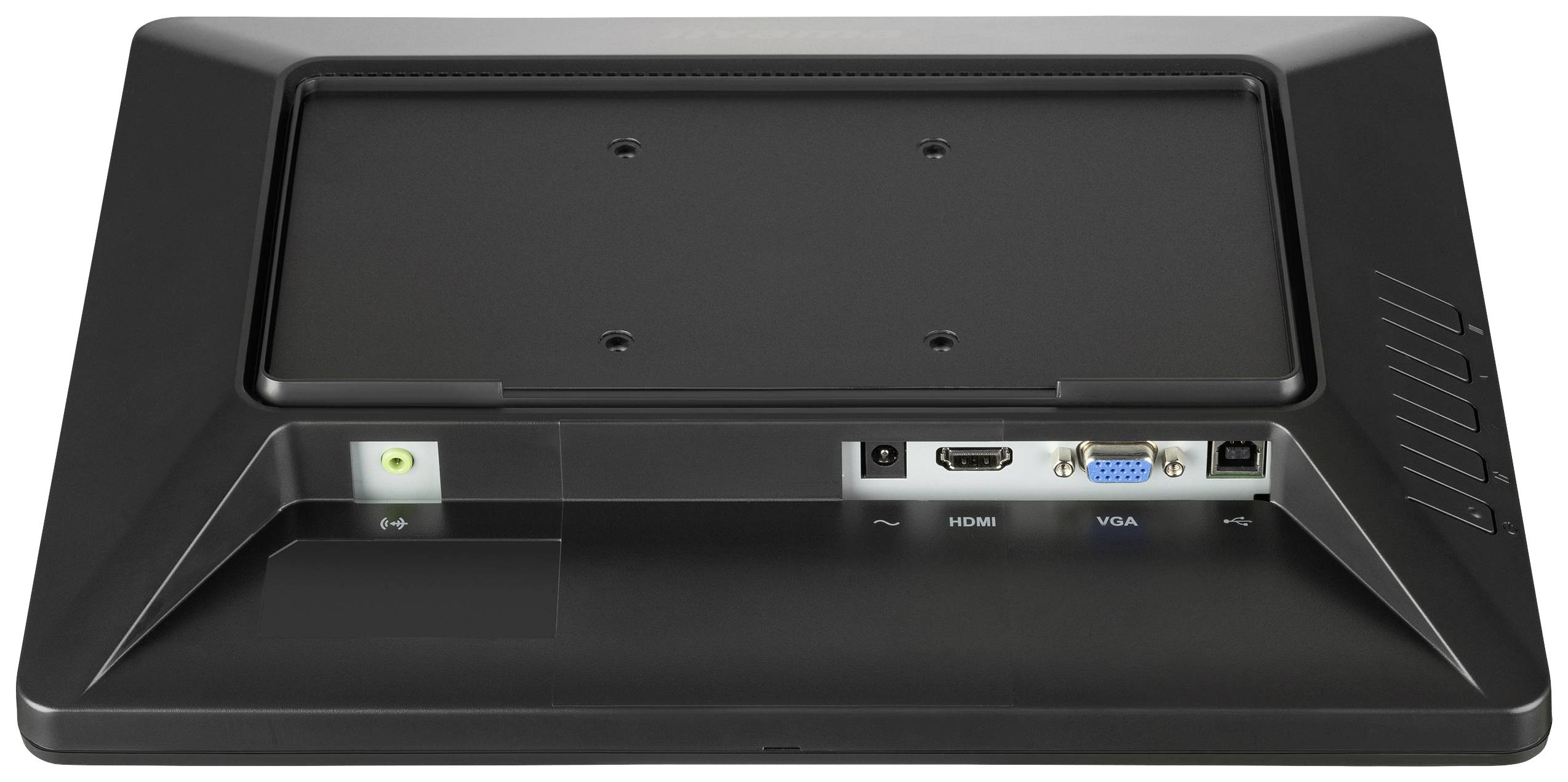 Zadní strana monitoru s konektory pro napájení, HDMI a VGA.