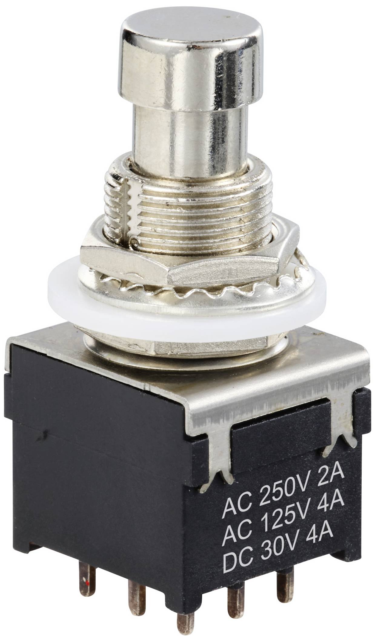 Stříbrný kovový tlačítkový spínač s popisky elektrických specifikací: AC 250V 2A, AC 125V 4A, DC 30V 4A.