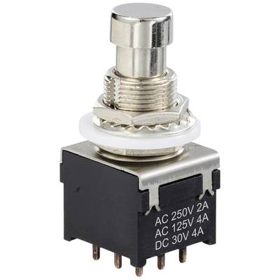 Stříbrný kovový tlačítkový spínač s popisky elektrických specifikací: AC 250V 2A, AC 125V 4A, DC 30V 4A.