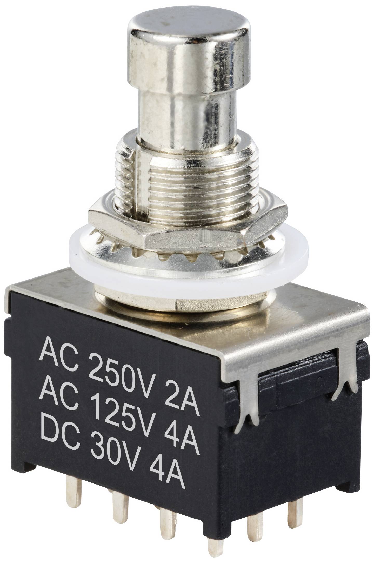 Tlačítkový spínač s kovovým ovládacím tlačítkem, parametry: 'AC 250V 2A, AC 125V 4A, DC 30V 4A'.