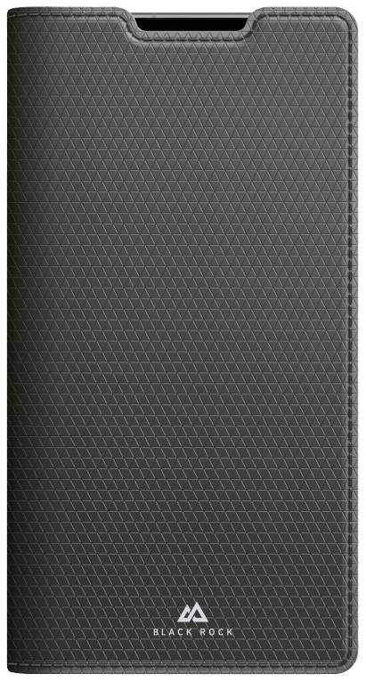 Černý obal na mobil s geometrickým vzorem a logem 'Black Rock' umístěným dole. Má obdélníkový tvar a štíhlý design.