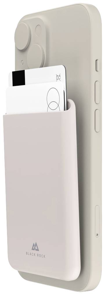 Smartphone s růžovým držákem karet na zadní straně. Dvě karty jsou částečně viditelné v moderním, minimalistickém designu.