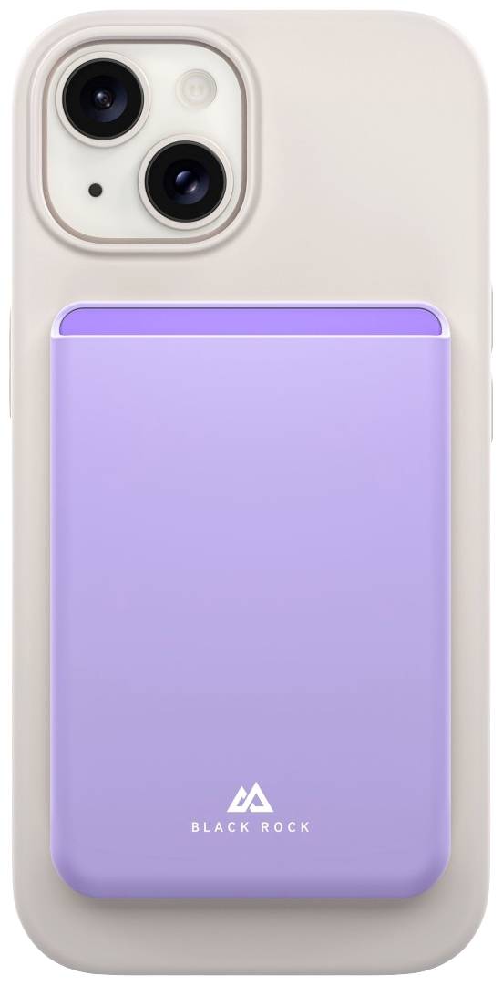 Smartphone s fialovým ochranným krytem PowerBank od Black Rock na zadní straně, zobrazující dva fotoaparáty a minimalistický design.