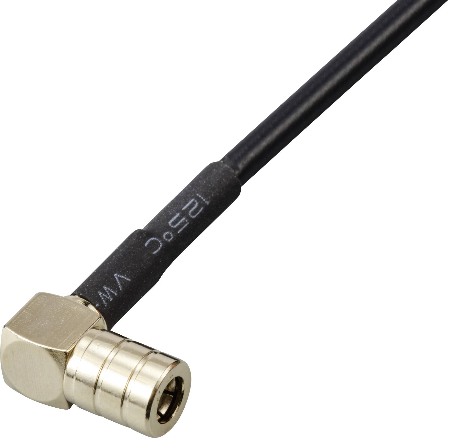 Koaxiální kabel s pravoúhlou konektorovou zástrčkou. Kabel je černý a přípojka je kovově lesklá.