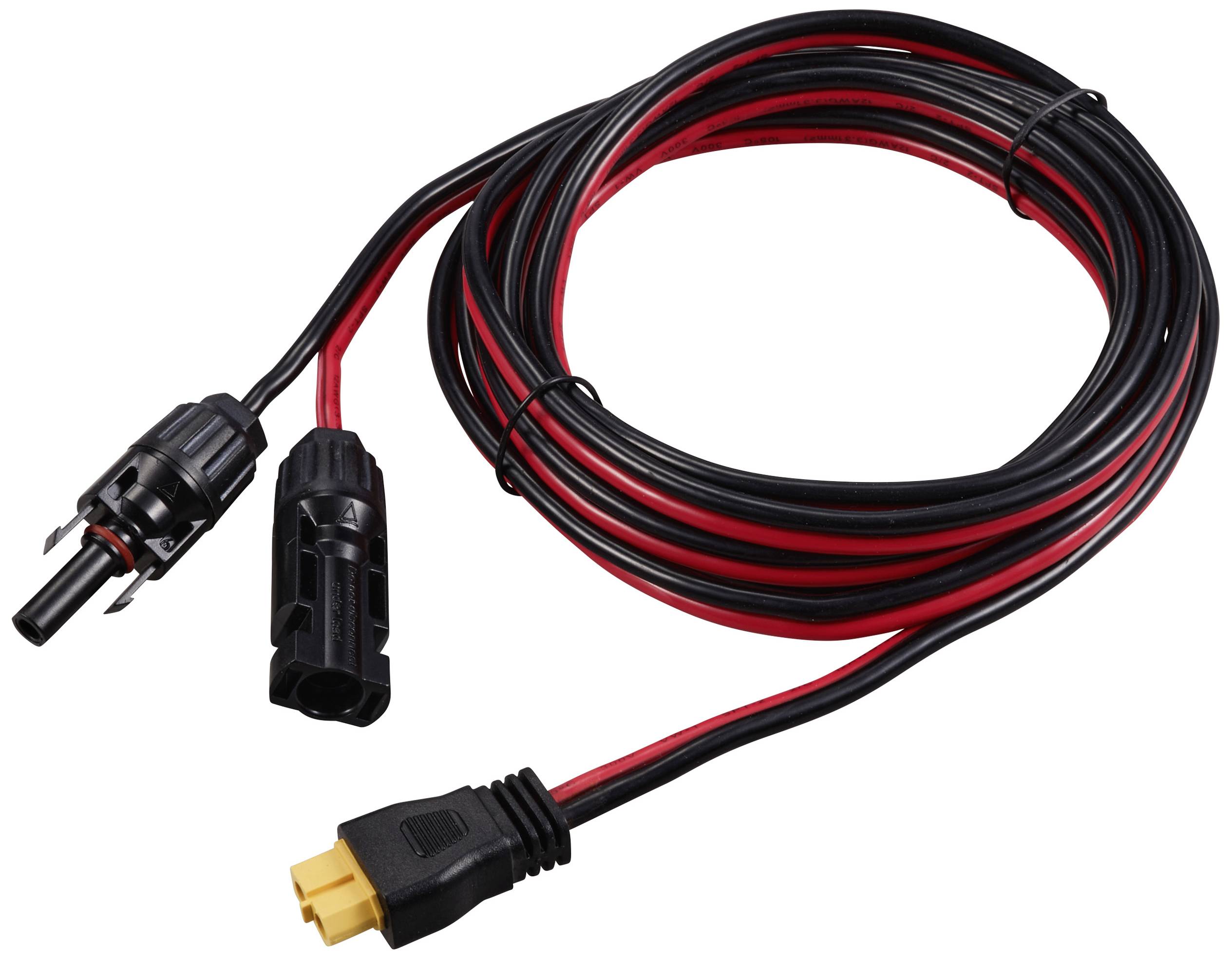 Kabel s červenými a černými vodiči a konektory na obou koncích, vhodný pro elektrické připojení v elektronických zařízeních.
