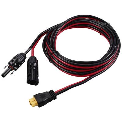 Kabel s červenými a černými vodiči a konektory na obou koncích, vhodný pro elektrické připojení v elektronických zařízeních.