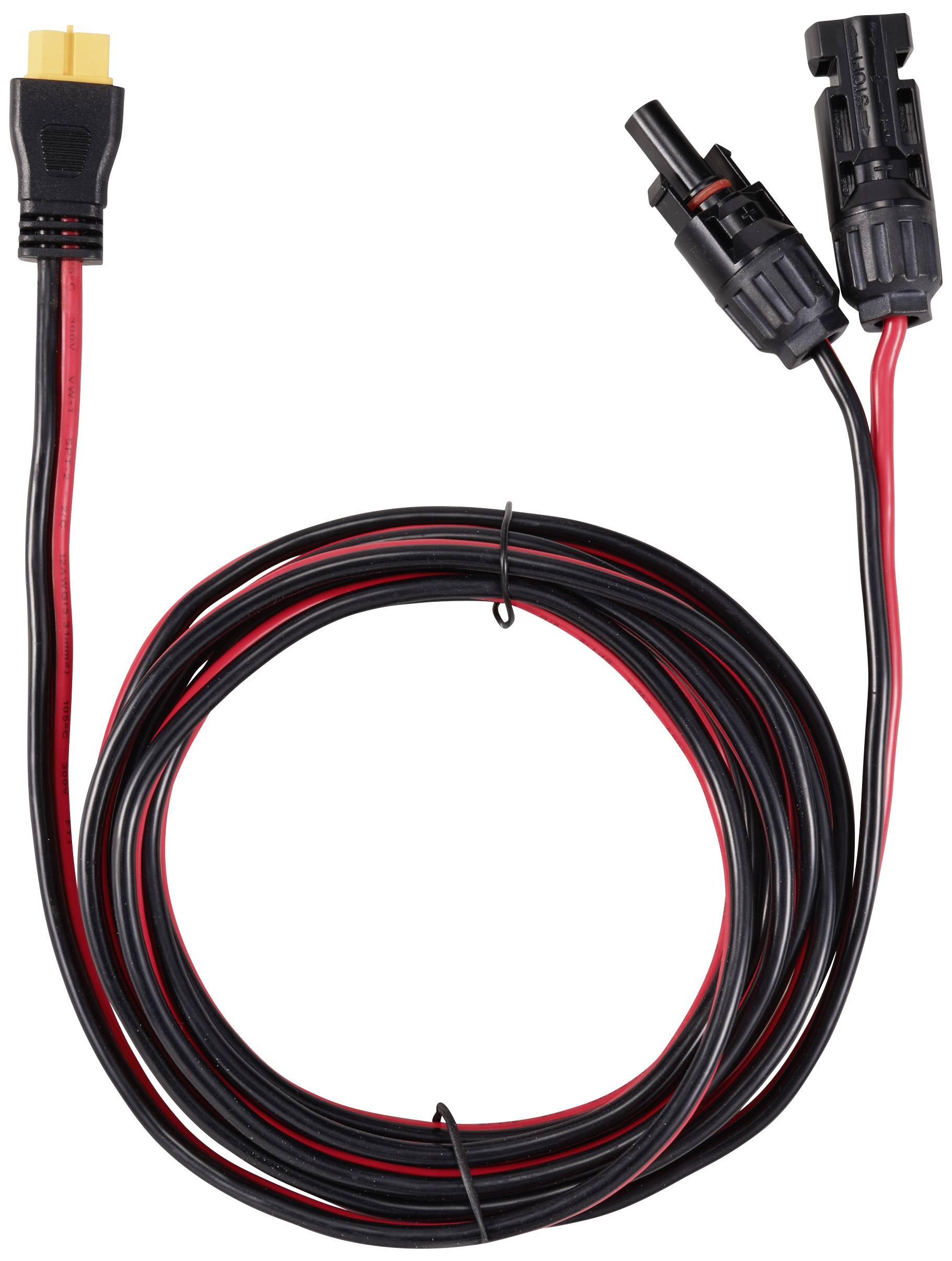 Dvoužilový kabel s konektory XT60 a MC4, vhodný pro solární připojení.