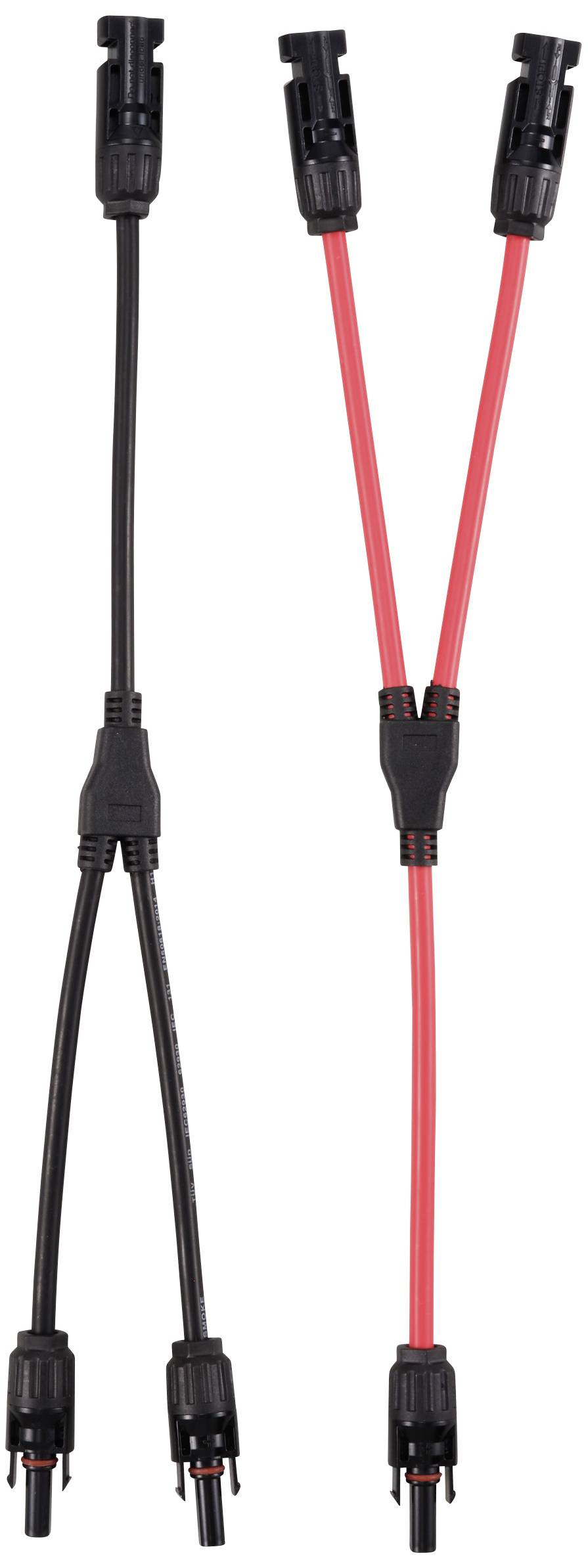 Dva Y-formované solární kabely s černými a červenými vodiči. Vlevo černý kabel, vpravo červený kabel. Oba s konektory MC4.