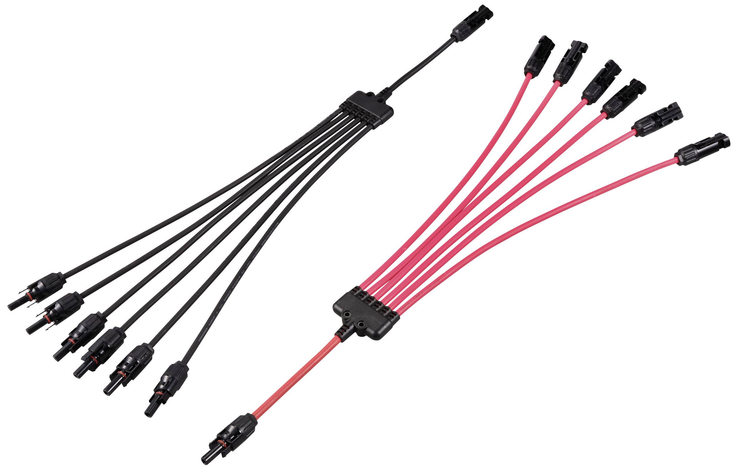 Solární rozvodný kabel ve tvaru Y: vlevo s 10 černými vodiči, vpravo s červenými a černými vodiči. Propojovací řešení pro solární systémy.