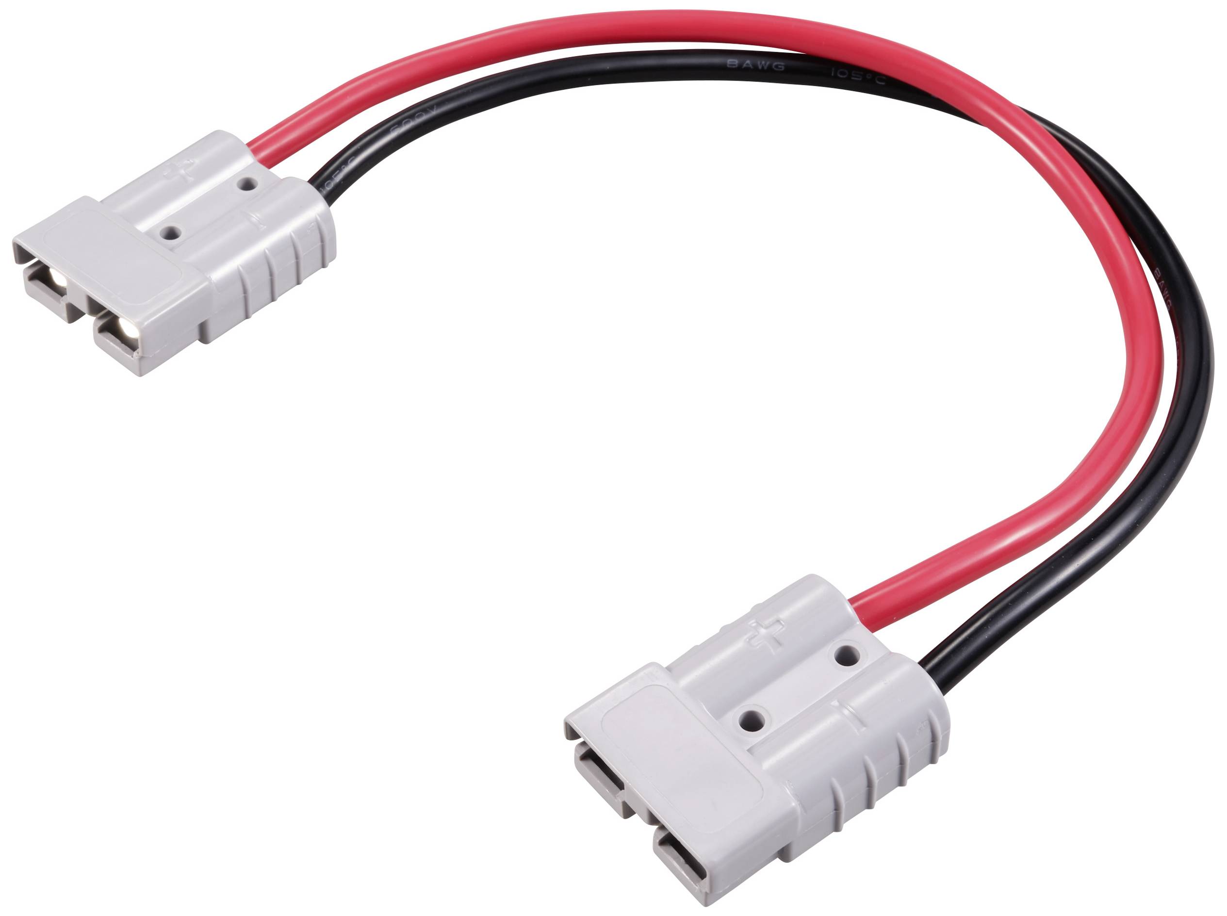 Šedý Y-kabel se dvěma konektory. Červený a černý kabel vedou k dalšímu identickému konektoru.