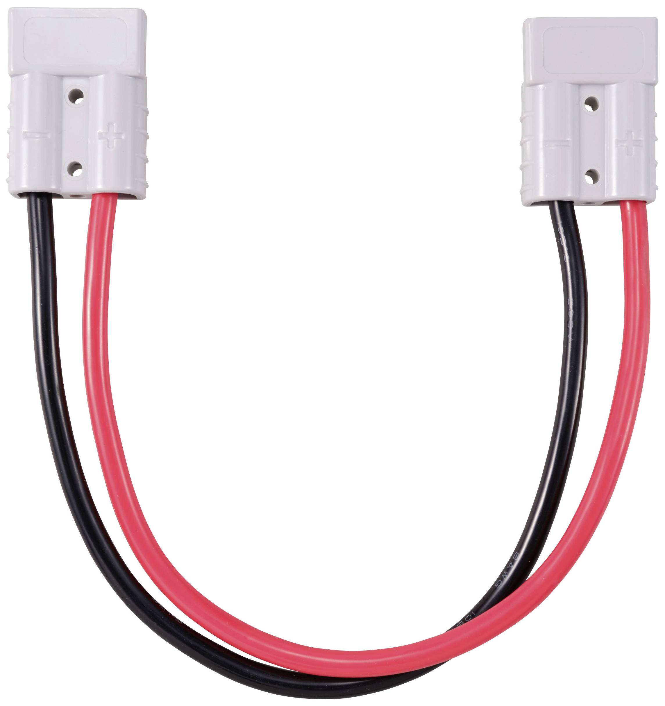Červený a černý kabel jsou vzájemně propojeny; oba končí šedými konektory s plus a minus označeními.