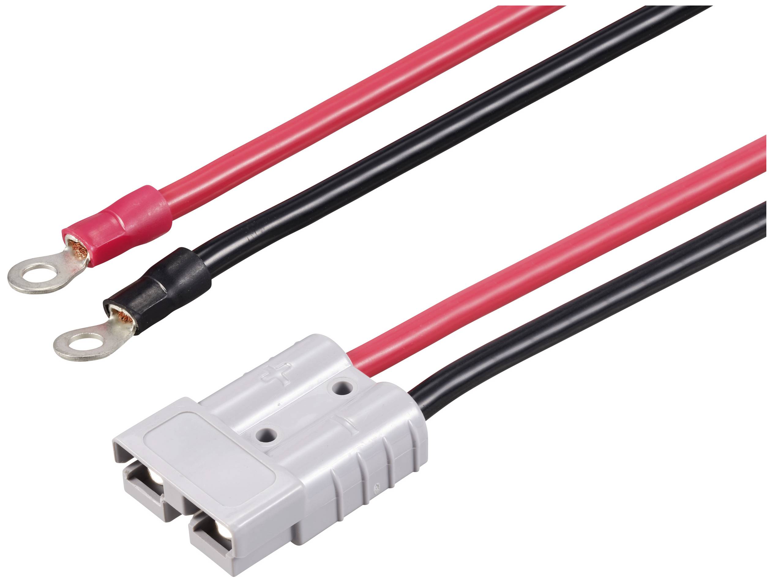 Dva barevné kabely, červený a černý, každý opatřený kabelovými oky a šedou zástrčkou. Běžně se používají v elektrických zařízeních.