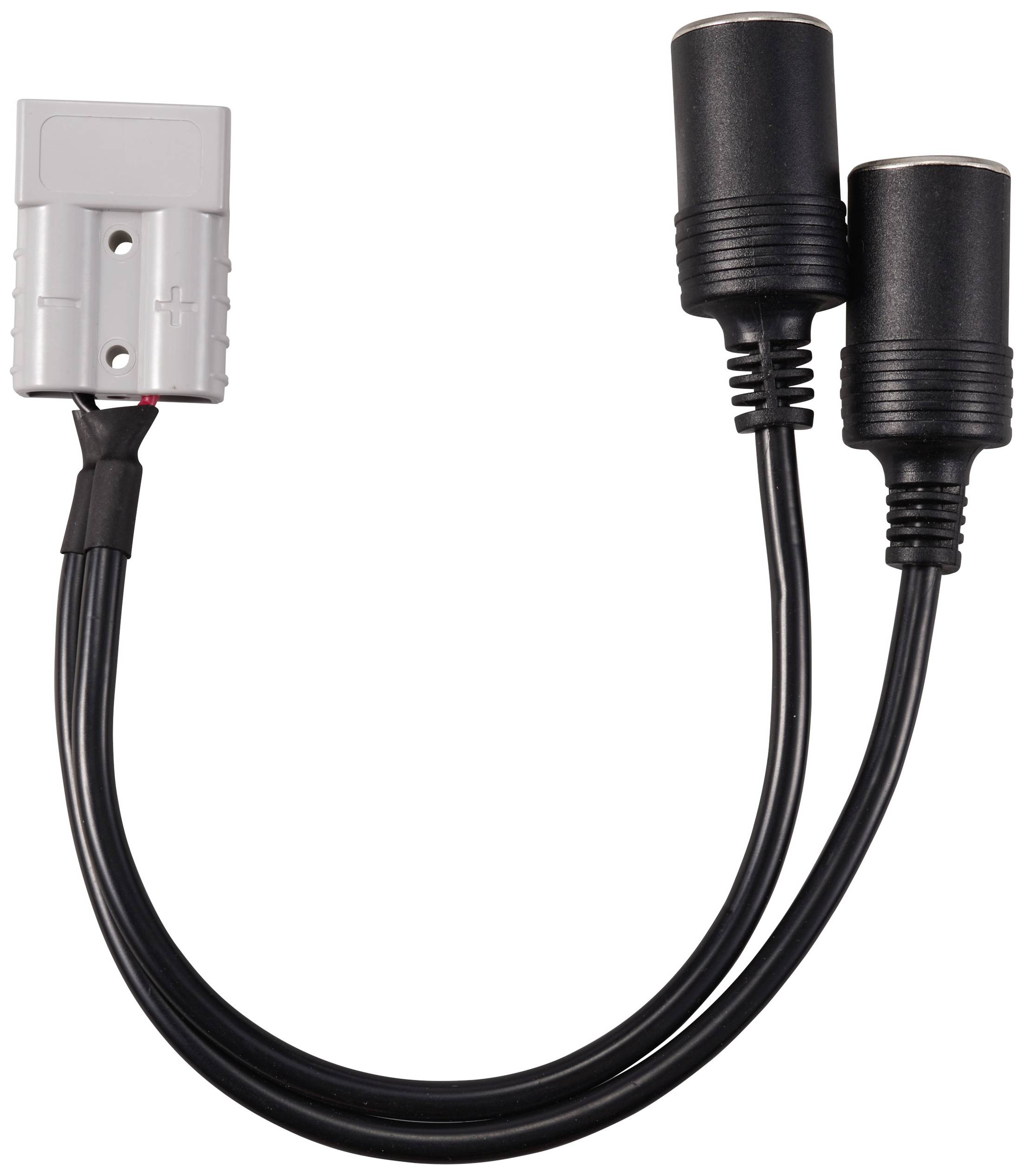 Y-kabel s šedou zástrčkou na jedné straně a dvěma černými zásuvkami na straně druhé. Slouží k připojení dvou zařízení.